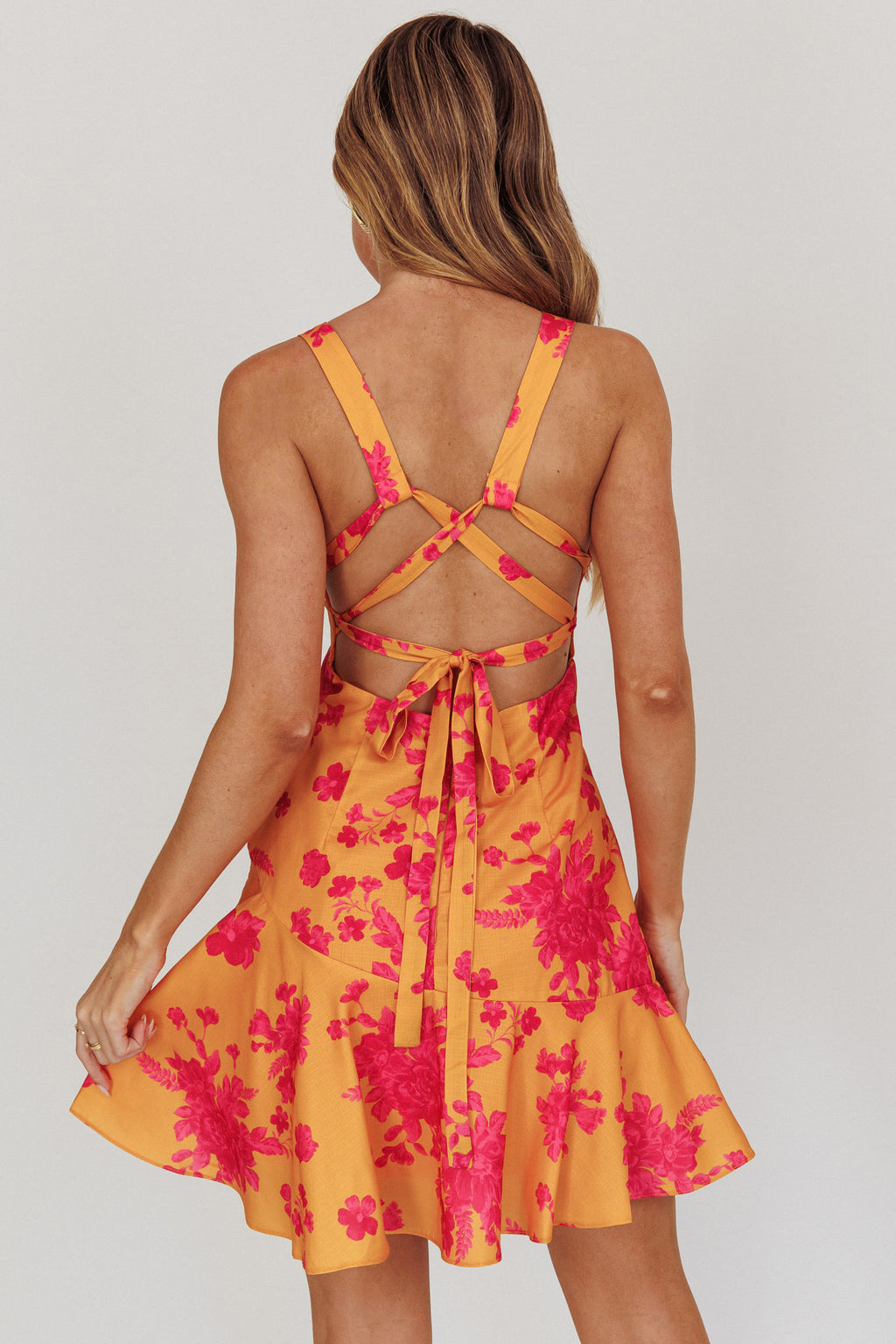 Like Me Strappy Back Mini Dress Floral Orange by Selfie Leslie