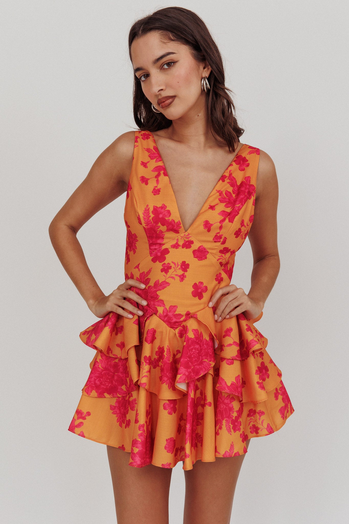 Like Me V-Neck Tied Back Floral Romper Orange by Selfie Leslie