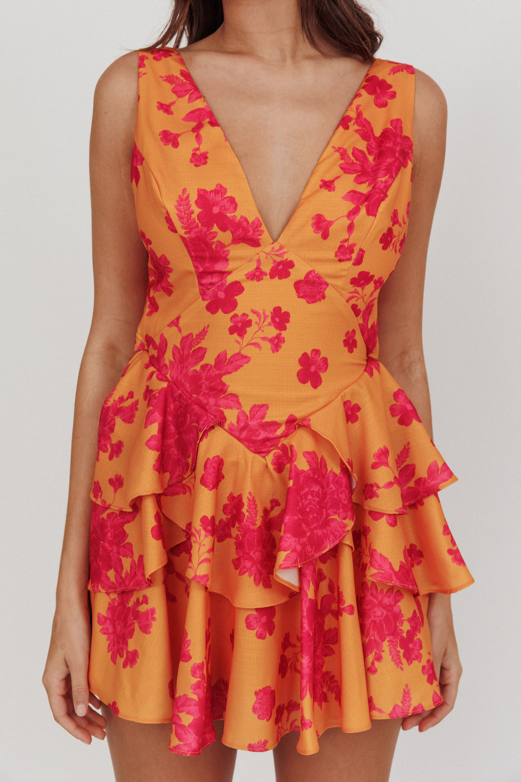 Like Me V-Neck Tied Back Floral Romper Orange by Selfie Leslie