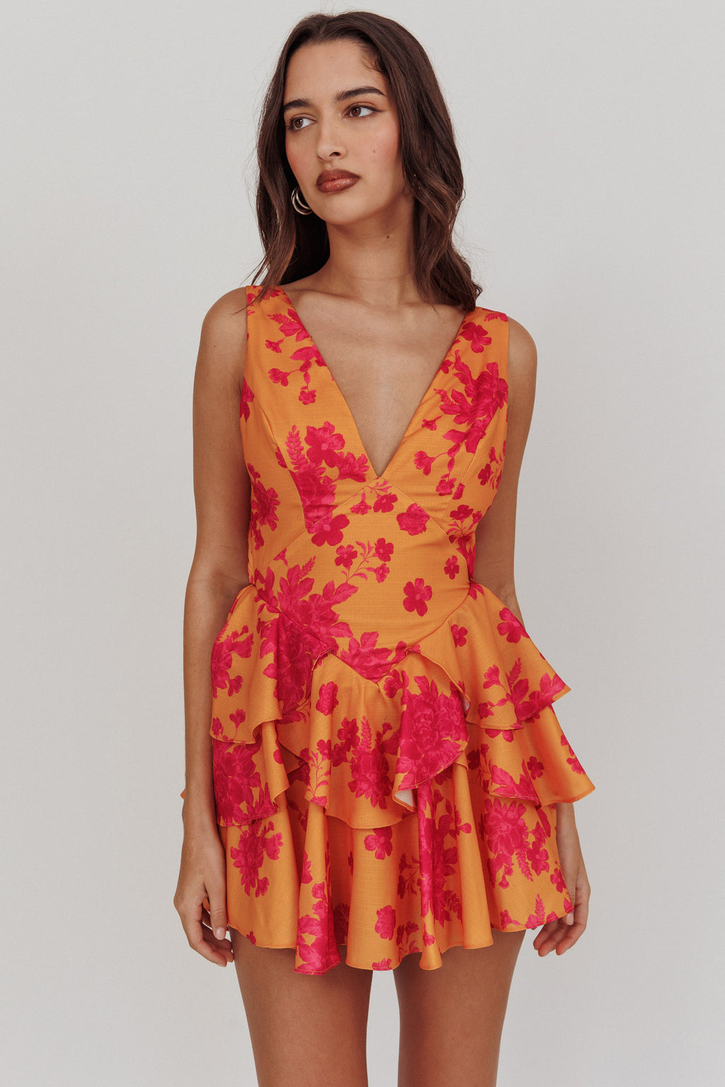 Like Me V-Neck Tied Back Floral Romper Orange by Selfie Leslie