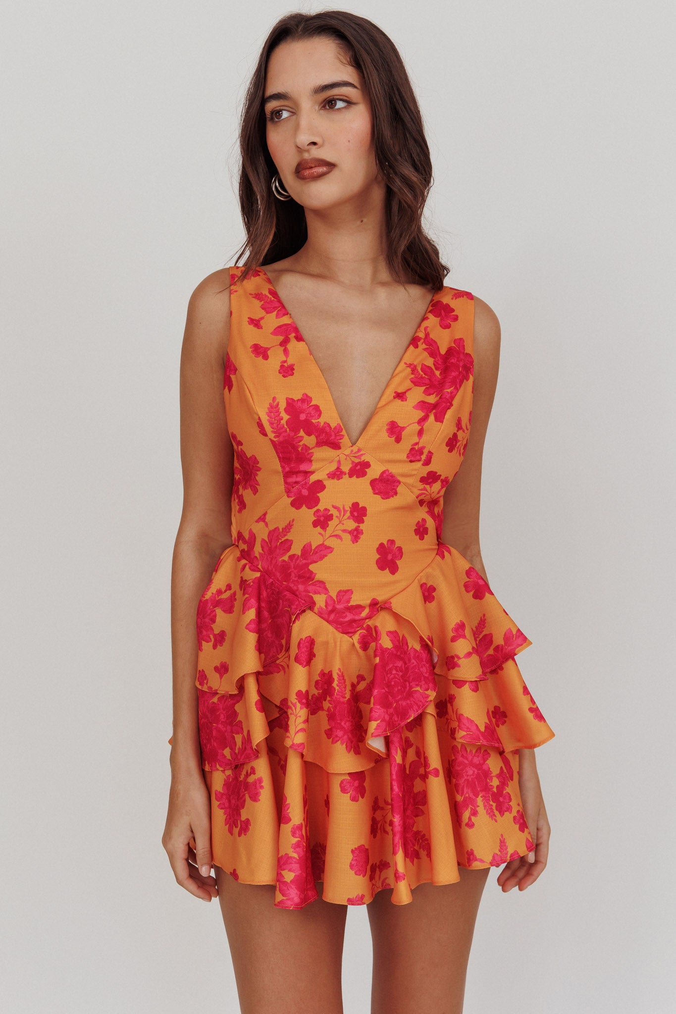 Like Me V-Neck Tied Back Floral Romper Orange by Selfie Leslie