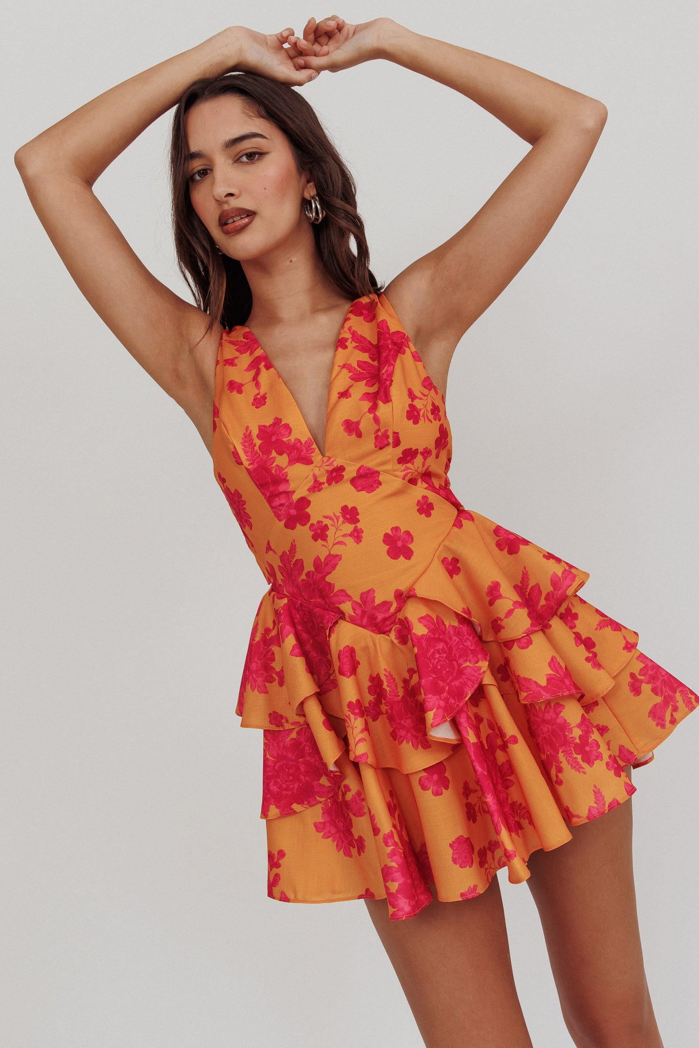 Like Me V-Neck Tied Back Floral Romper Orange by Selfie Leslie