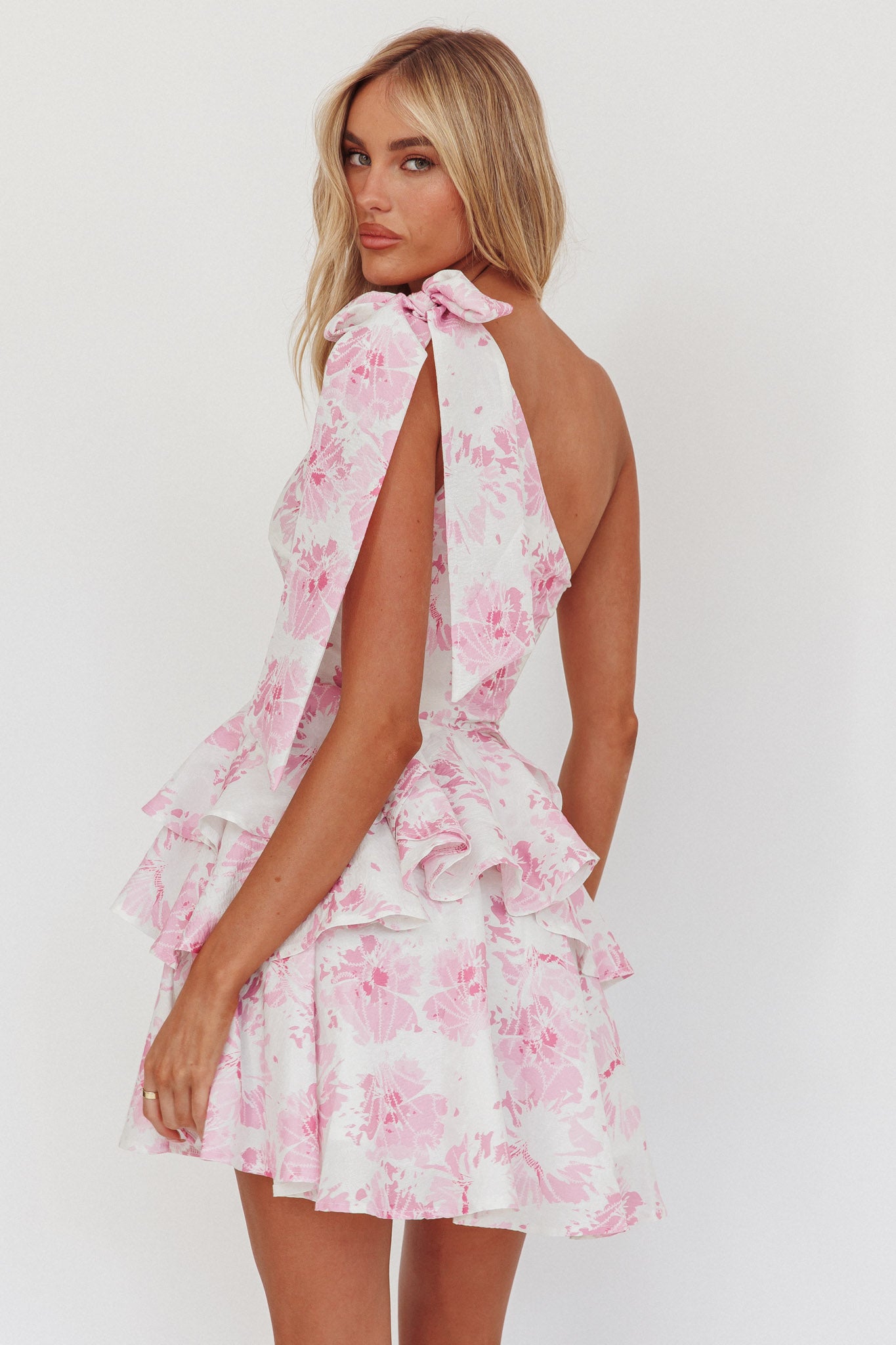 Like Me One-Shoulder Layered Mini Dress Floral Pink– Selfie Leslie