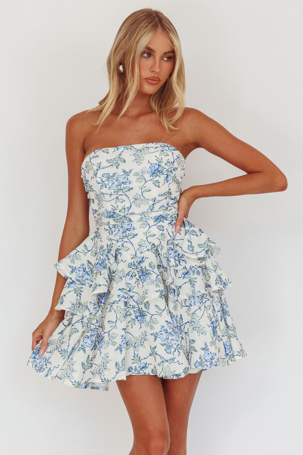 Like Me Tied Back Layered Mini Dress Floral Blue by Selfie Leslie