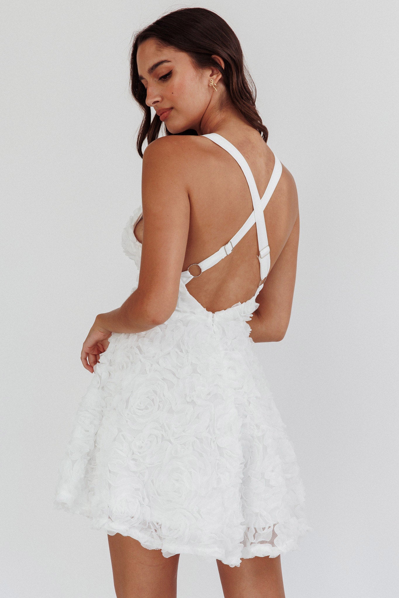 in the meadow white embroidered backless mini dress Medium Wash Denim Embroidered V Neck Mini Dress