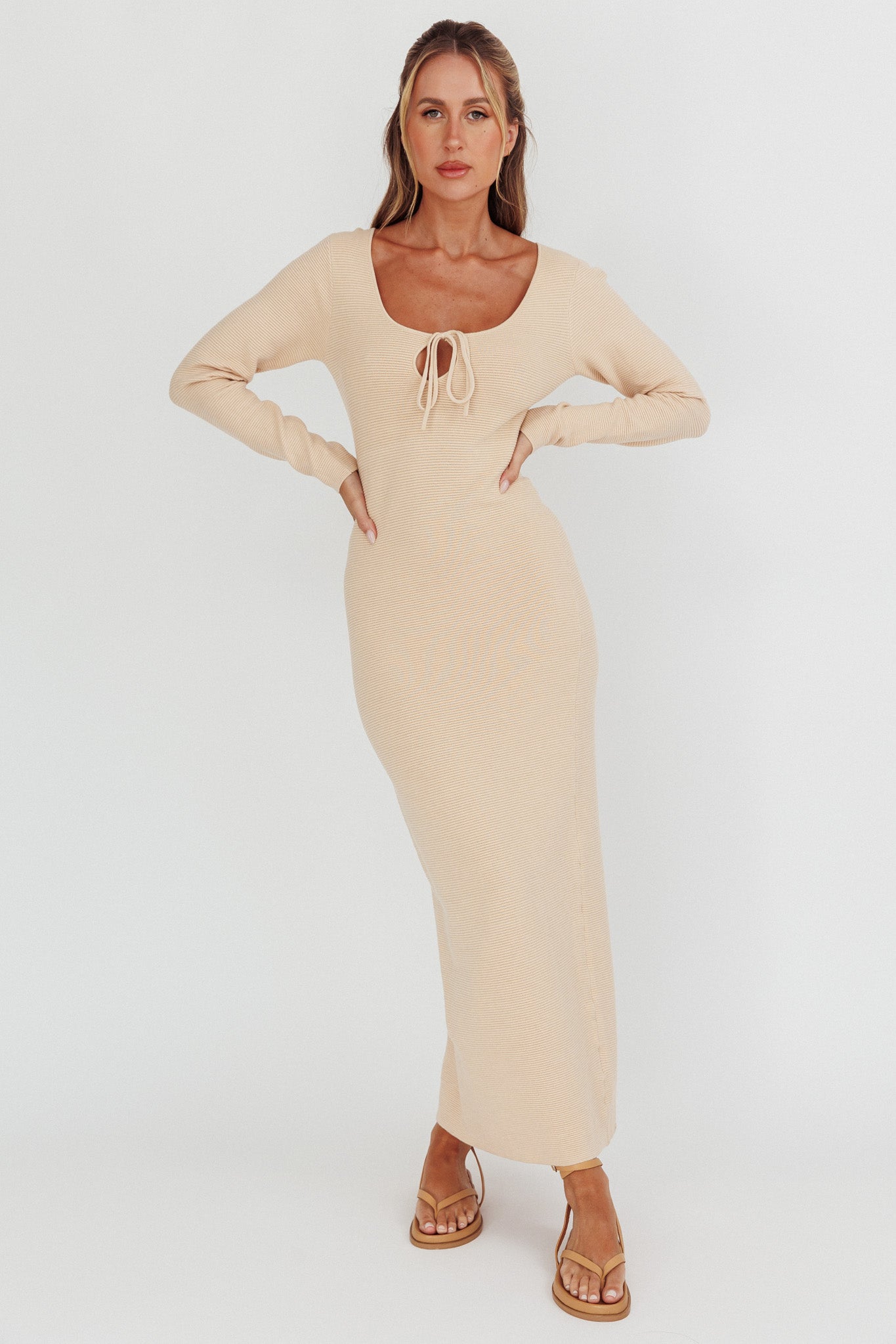 Merine Long Sleeve Knit Maxi Dress Sand– Selfie Leslie
