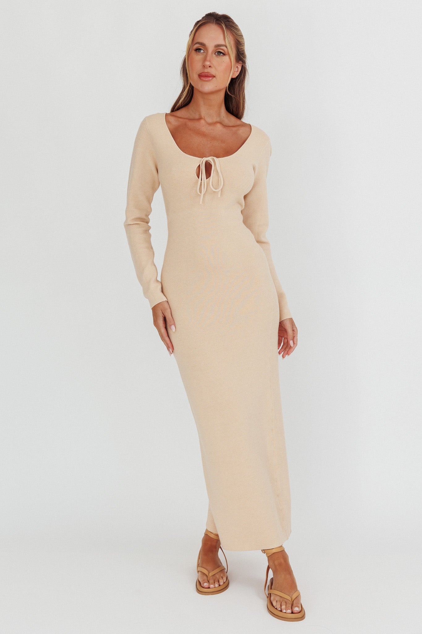 Merine Long Sleeve Knit Maxi Dress Sand– Selfie Leslie