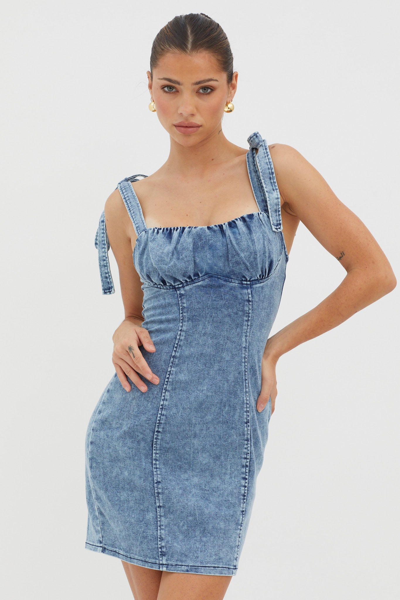 Harrison Tied Shoulder Mini Dress Denim Blue by Selfie Leslie
