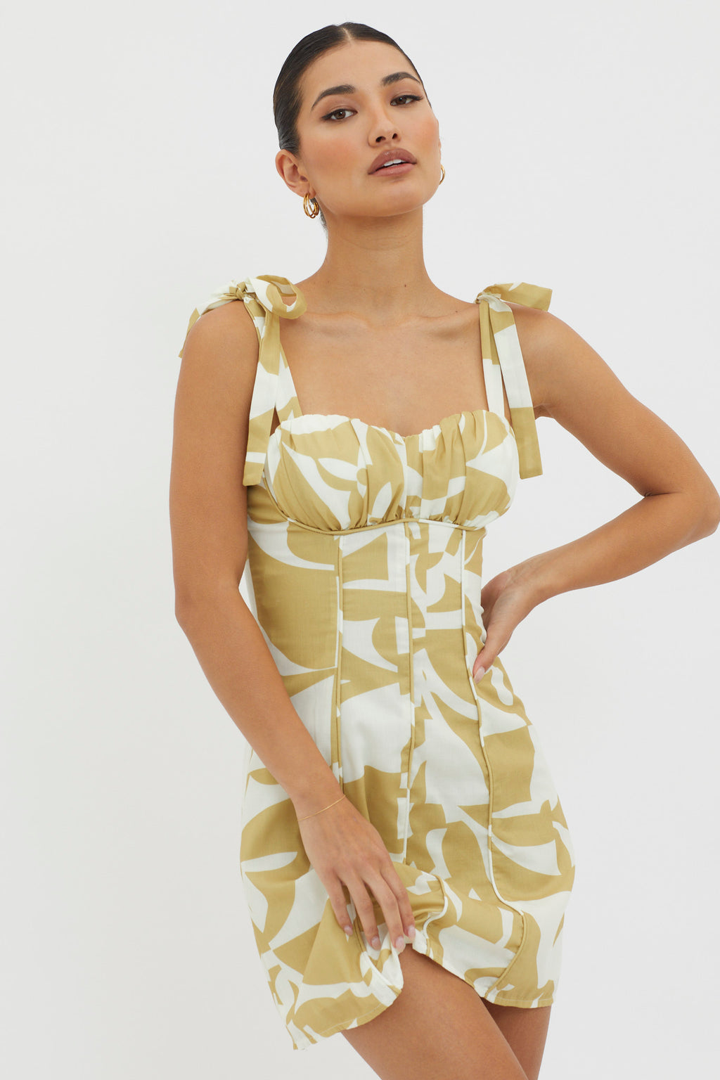 Harrison Tied Shoulder Mini Dress Print Yellow by Selfie Leslie