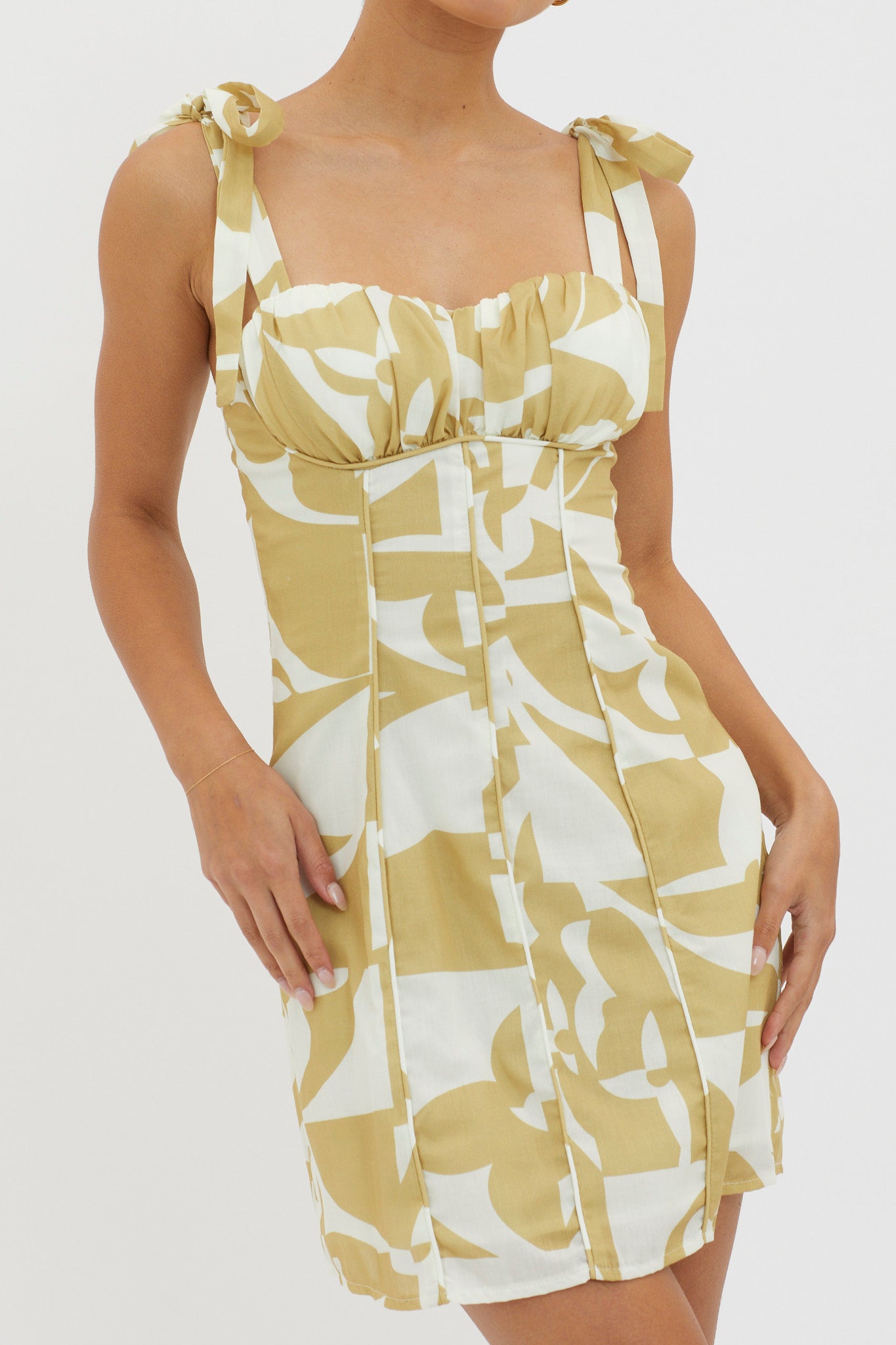 Harrison Tied Shoulder Mini Dress Print Yellow by Selfie Leslie