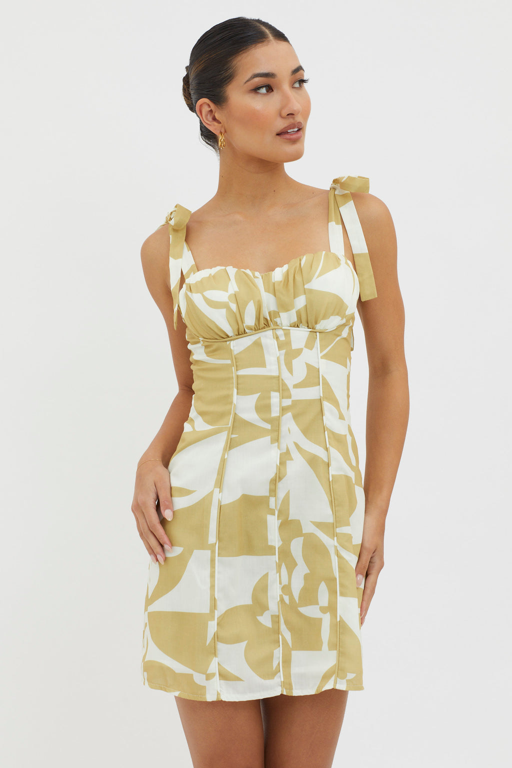 Harrison Tied Shoulder Mini Dress Print Yellow by Selfie Leslie
