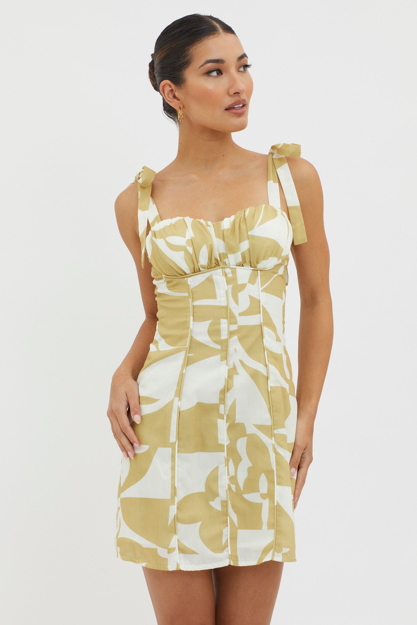 Harrison Tied Shoulder Mini Dress Print Yellow by Selfie Leslie