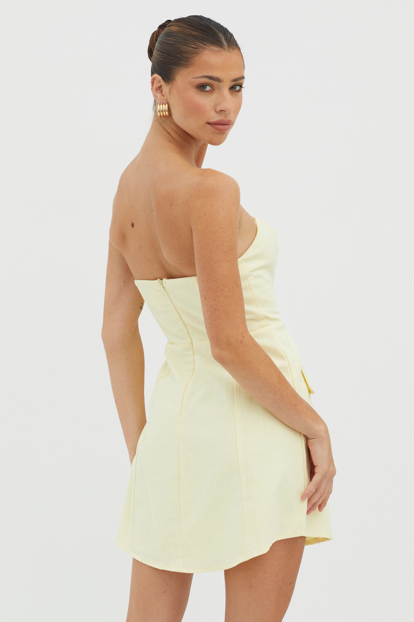 Justine Strapless Faux Pocket Mini Dress Butter by Selfie Leslie