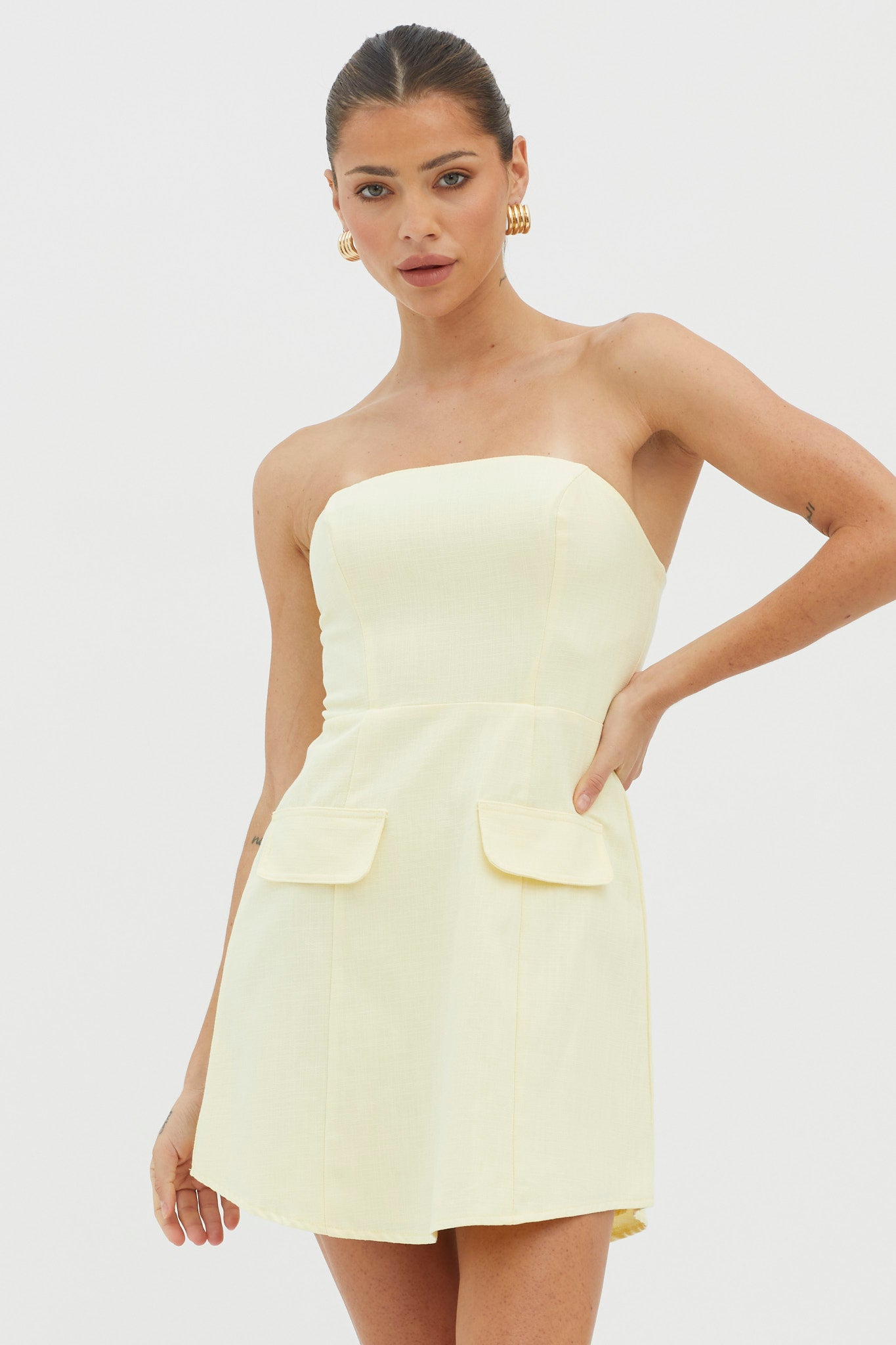 Justine Strapless Faux Pocket Mini Dress Butter by Selfie Leslie