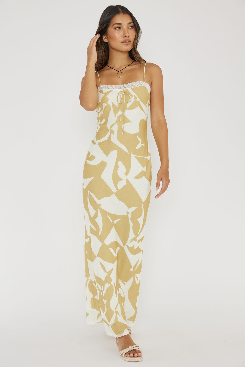 Cali Sunset Lace Trim Maxi Dress Print Yellow by Selfie Leslie
