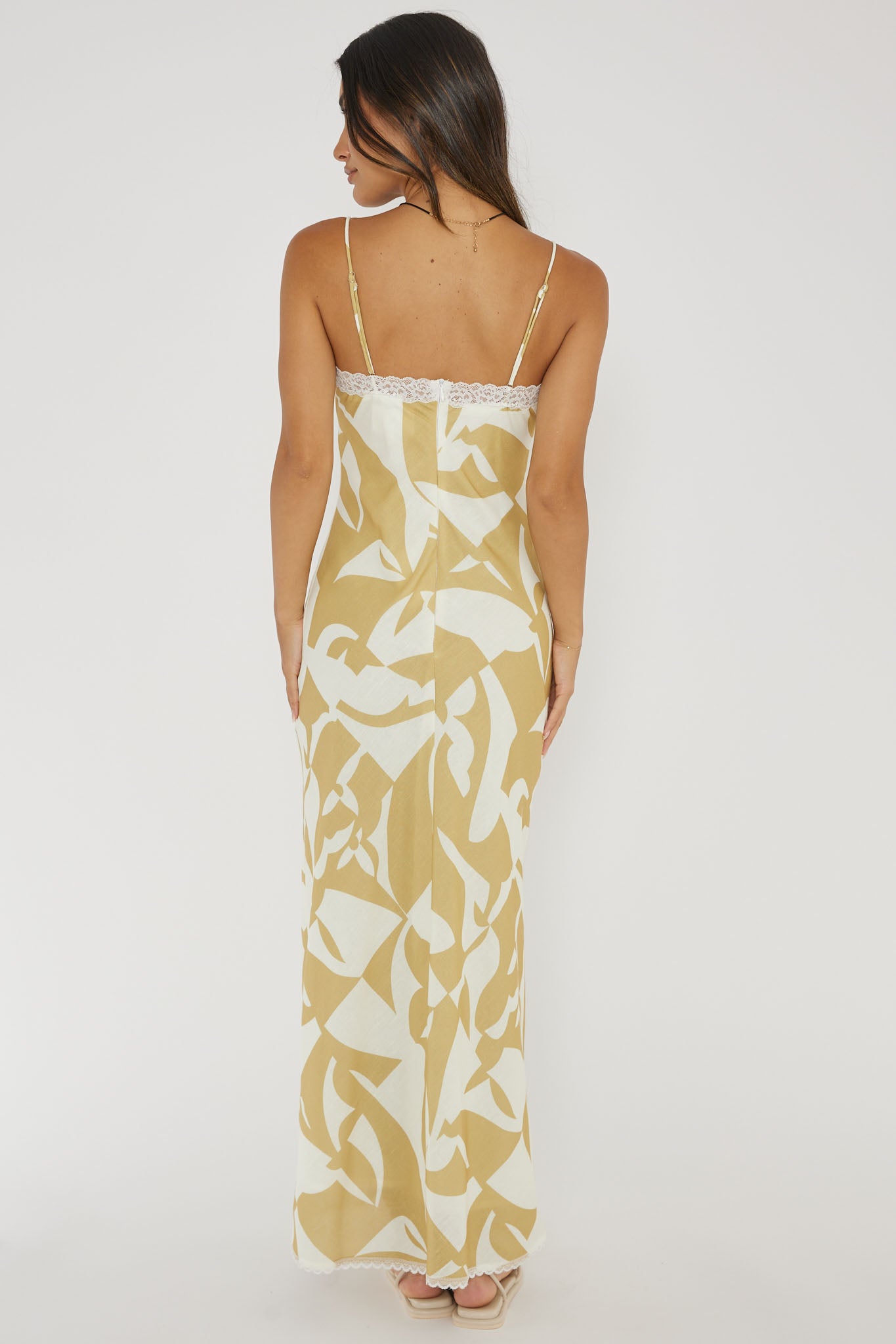 Cali Sunset Lace Trim Maxi Dress Print Yellow by Selfie Leslie