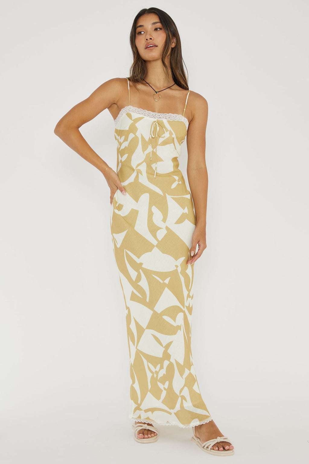 Cali Sunset Lace Trim Maxi Dress Print Yellow by Selfie Leslie