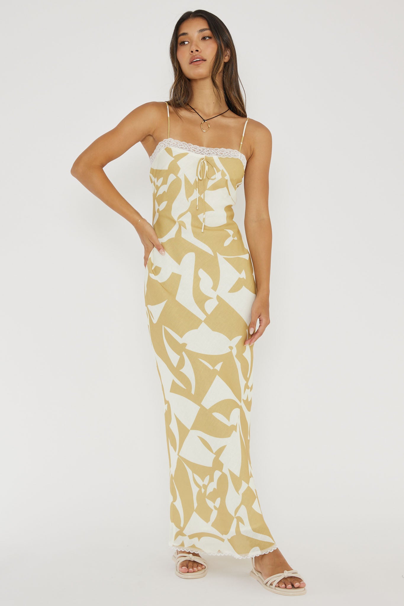 Cali Sunset Lace Trim Maxi Dress Print Yellow by Selfie Leslie