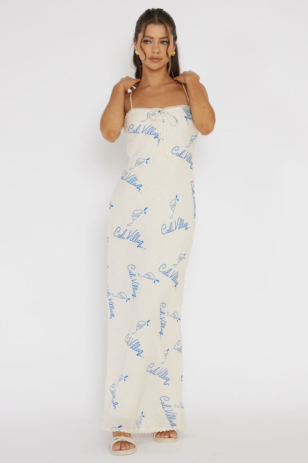 Cali Sunset Lace Trim Maxi Dress Print Blue by Selfie Leslie