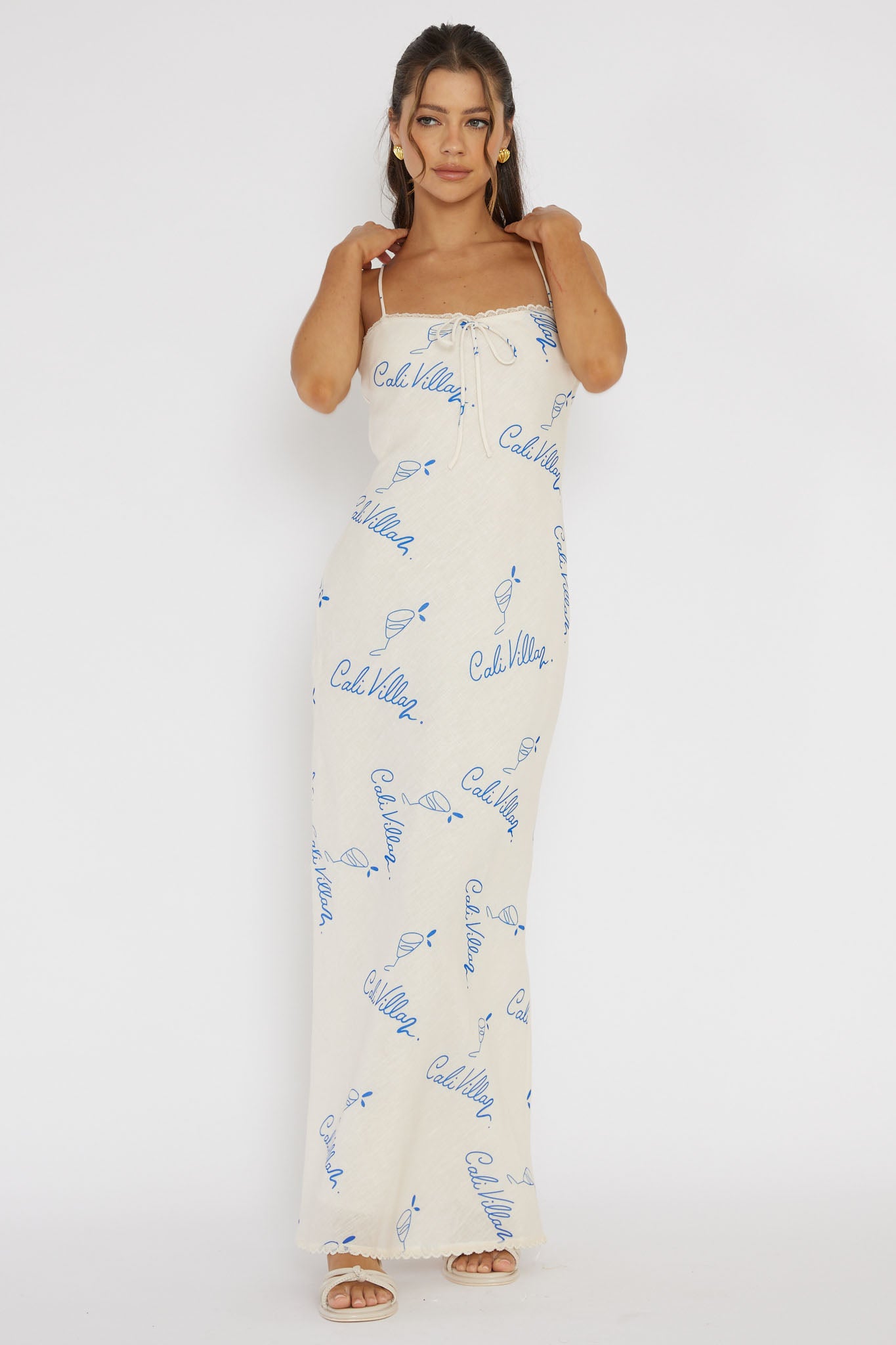 Cali Sunset Lace Trim Maxi Dress Print Blue by Selfie Leslie