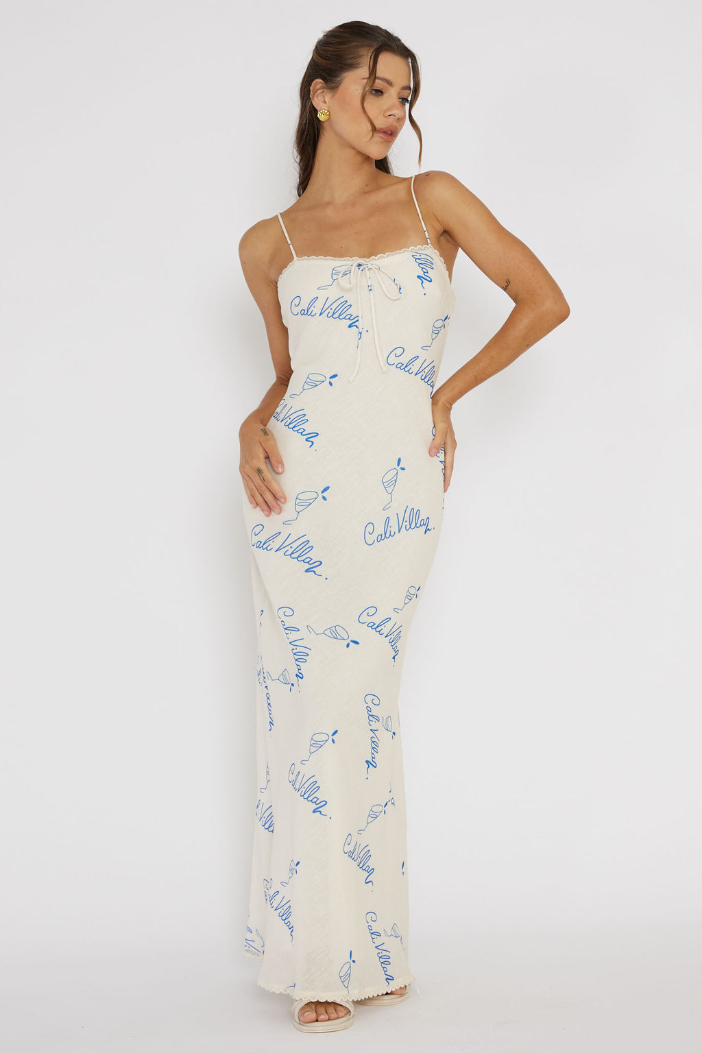 Cali Sunset Lace Trim Maxi Dress Print Blue by Selfie Leslie