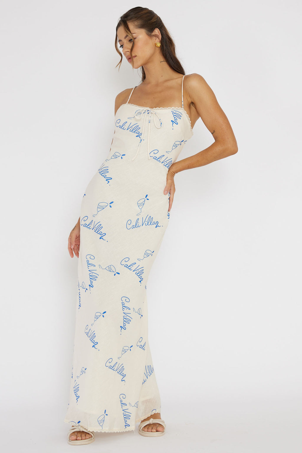 Cali Sunset Lace Trim Maxi Dress Print Blue by Selfie Leslie