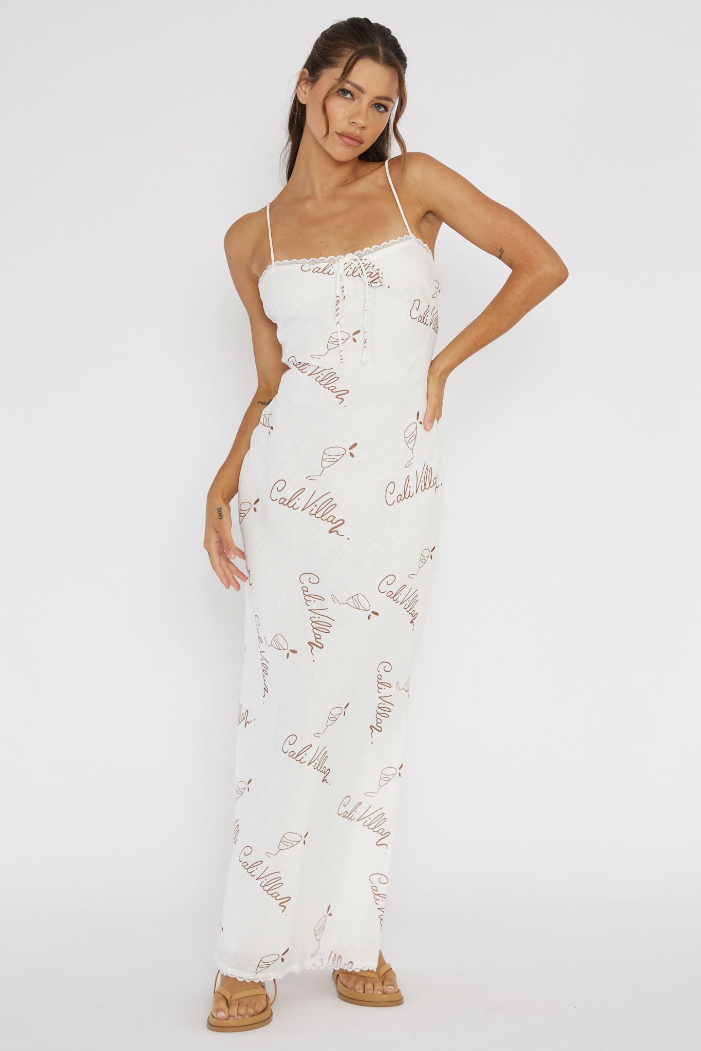 Cali Sunset Lace Trim Maxi Dress Print Tan by Selfie Leslie