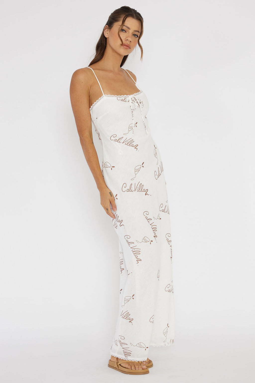 Cali Sunset Lace Trim Maxi Dress Print Tan by Selfie Leslie