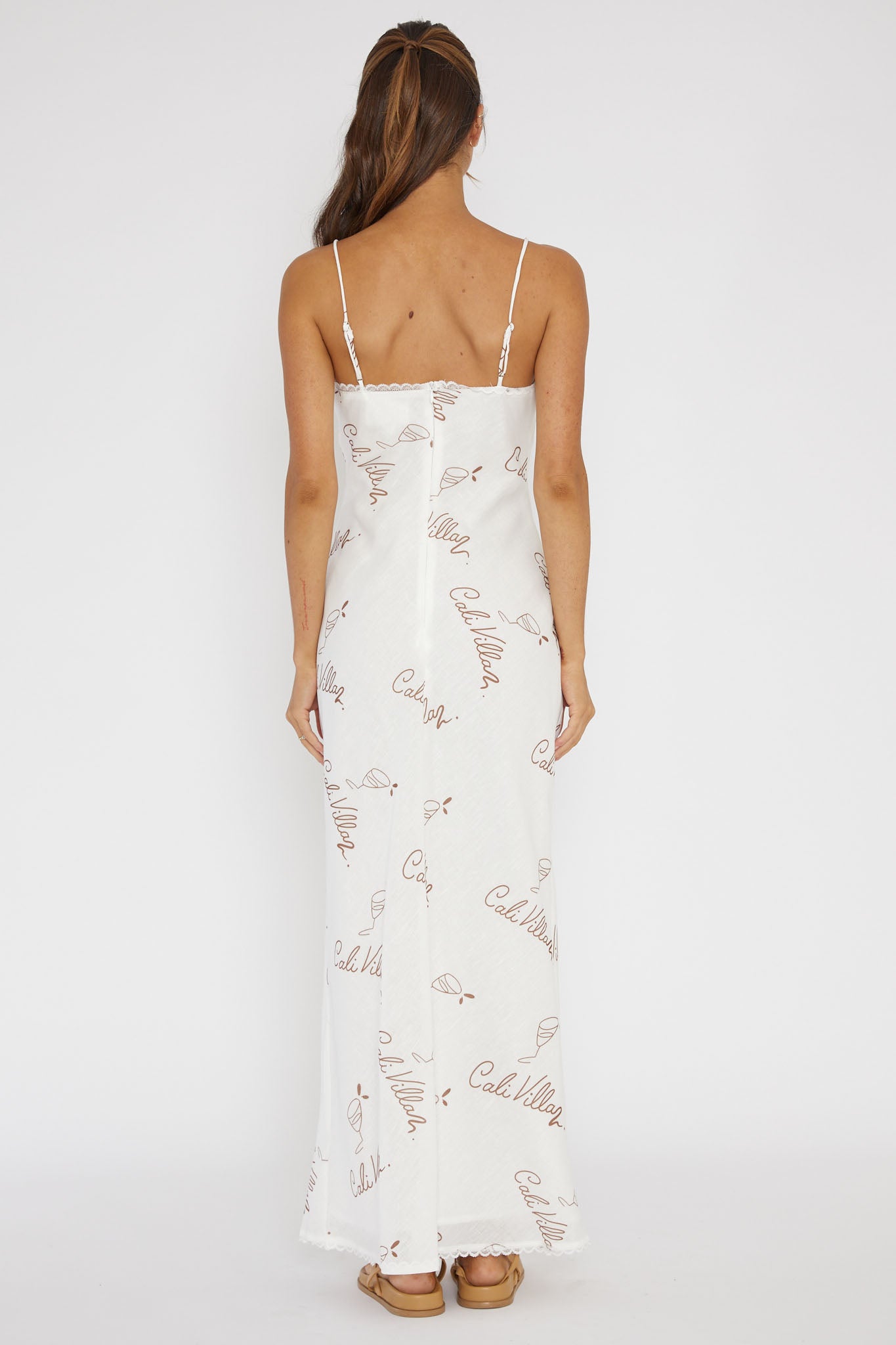Cali Sunset Lace Trim Maxi Dress Print Tan by Selfie Leslie