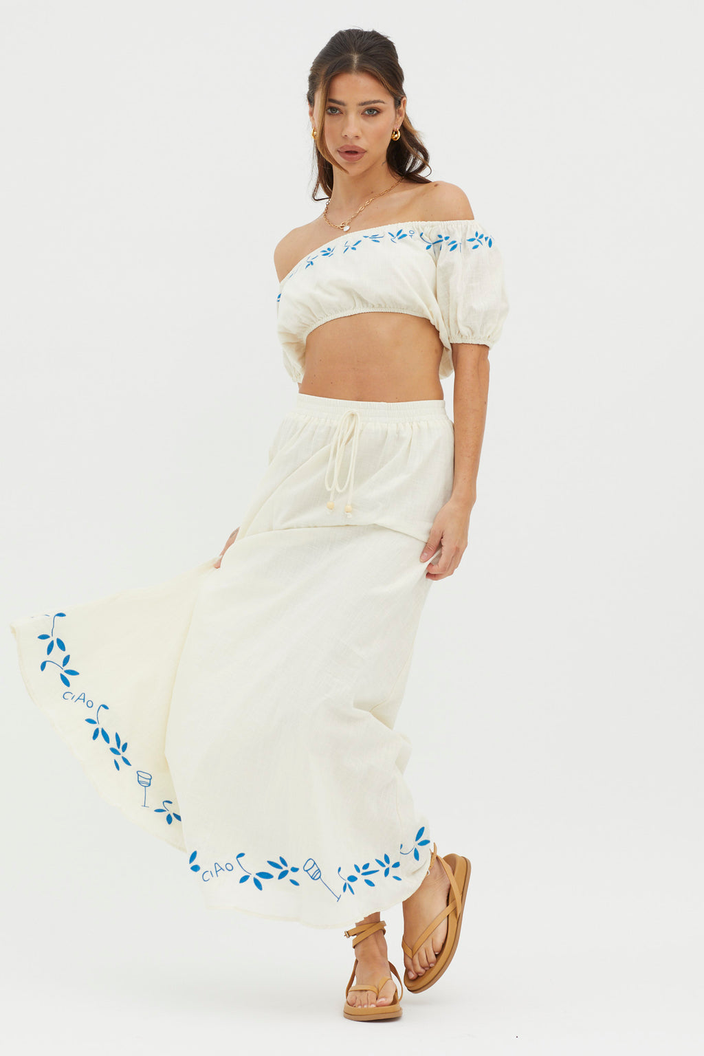 Ritual Embroidered Hem Midi Skirt Beige by Selfie Leslie