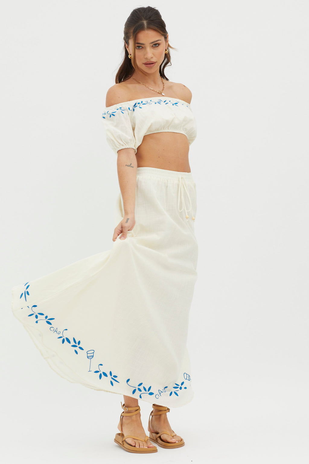 Ritual Embroidered Hem Midi Skirt Beige by Selfie Leslie