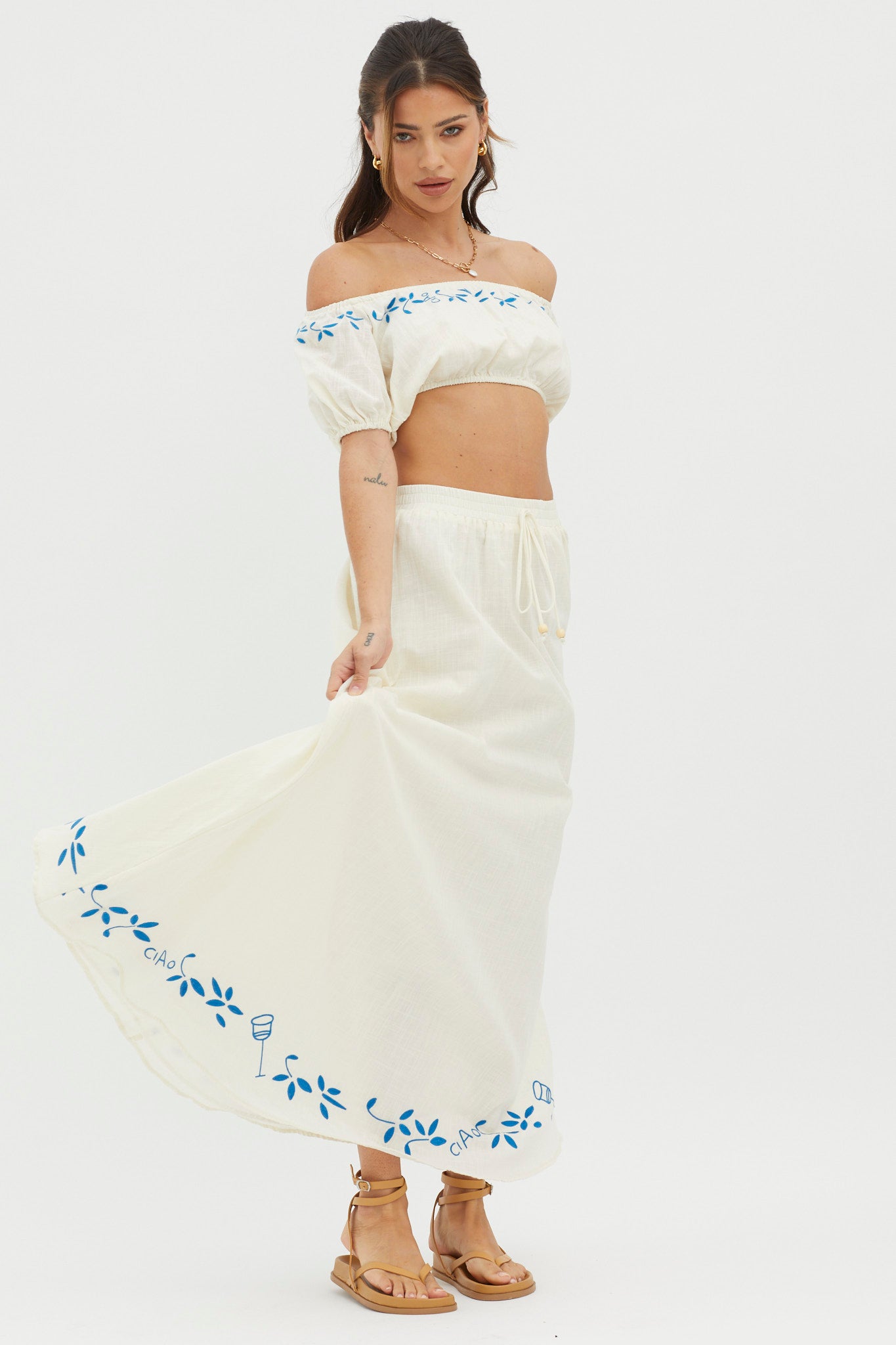 Ritual Embroidered Hem Midi Skirt Beige by Selfie Leslie