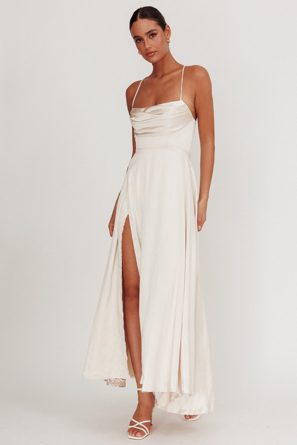 Inner Light Gathered Bust Split Maxi Dress Champagne by Selfie Leslie