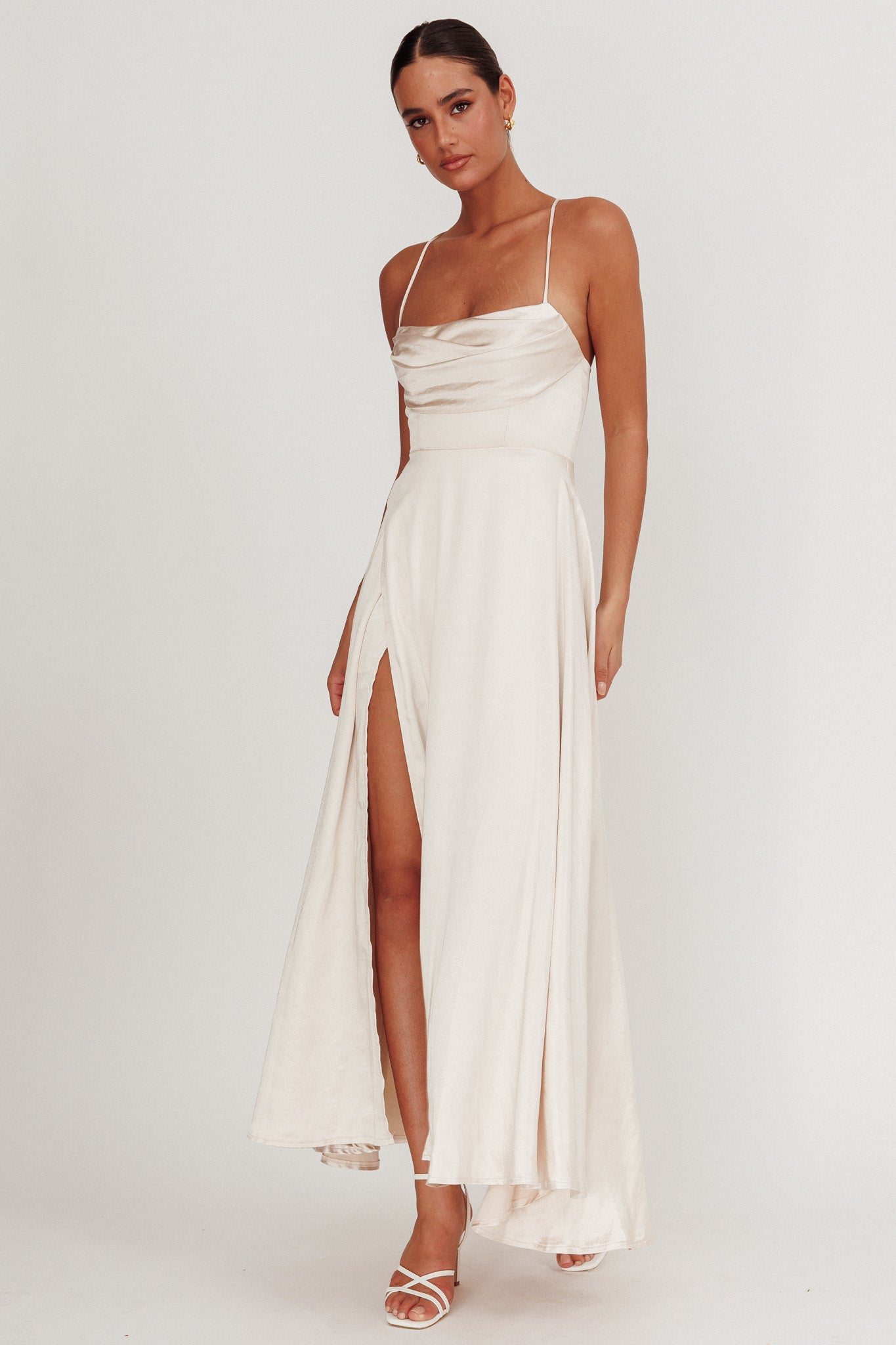 Inner Light Gathered Bust Split Maxi Dress Champagne by Selfie Leslie
