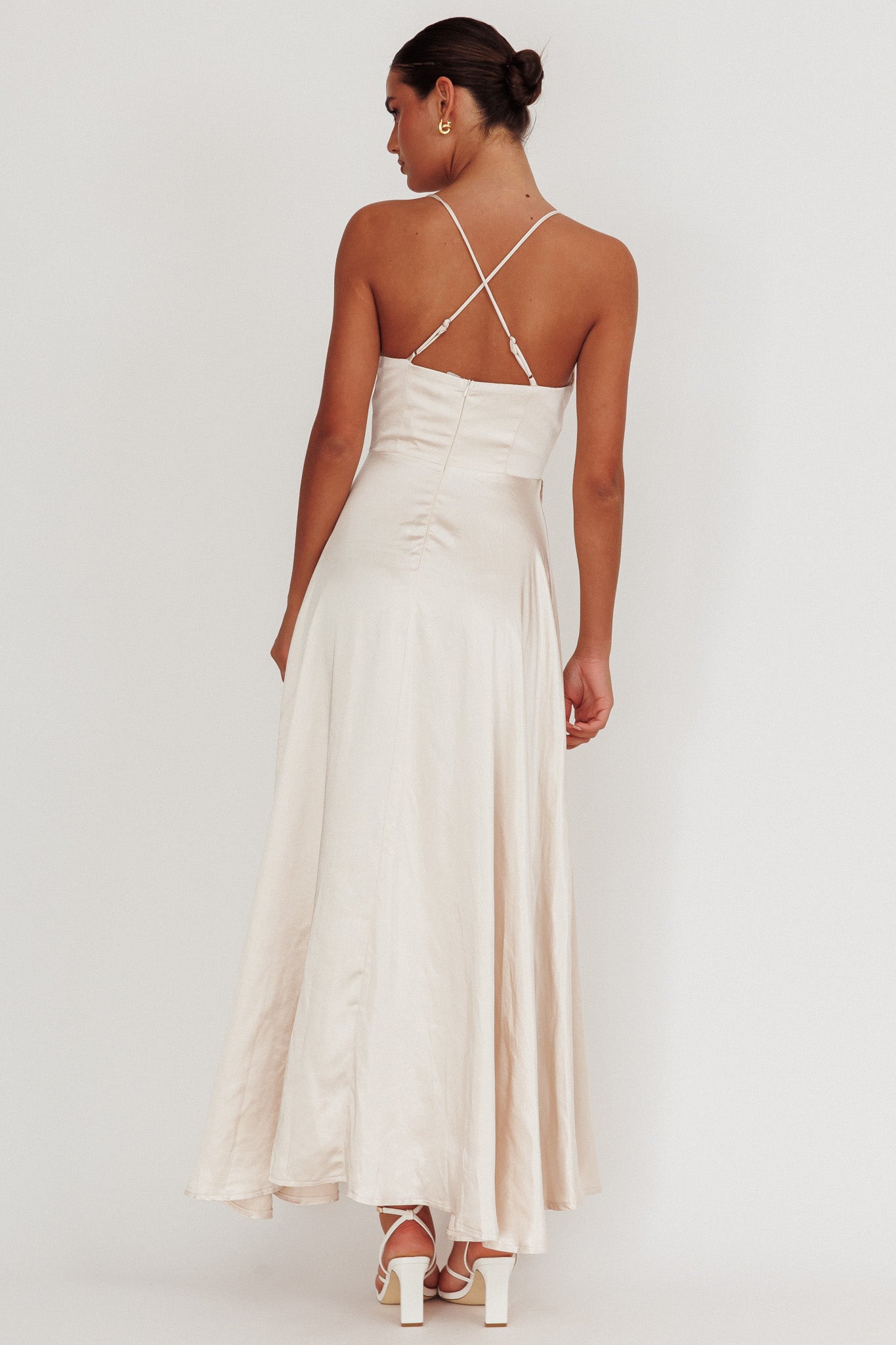 Inner Light Gathered Bust Split Maxi Dress Champagne by Selfie Leslie