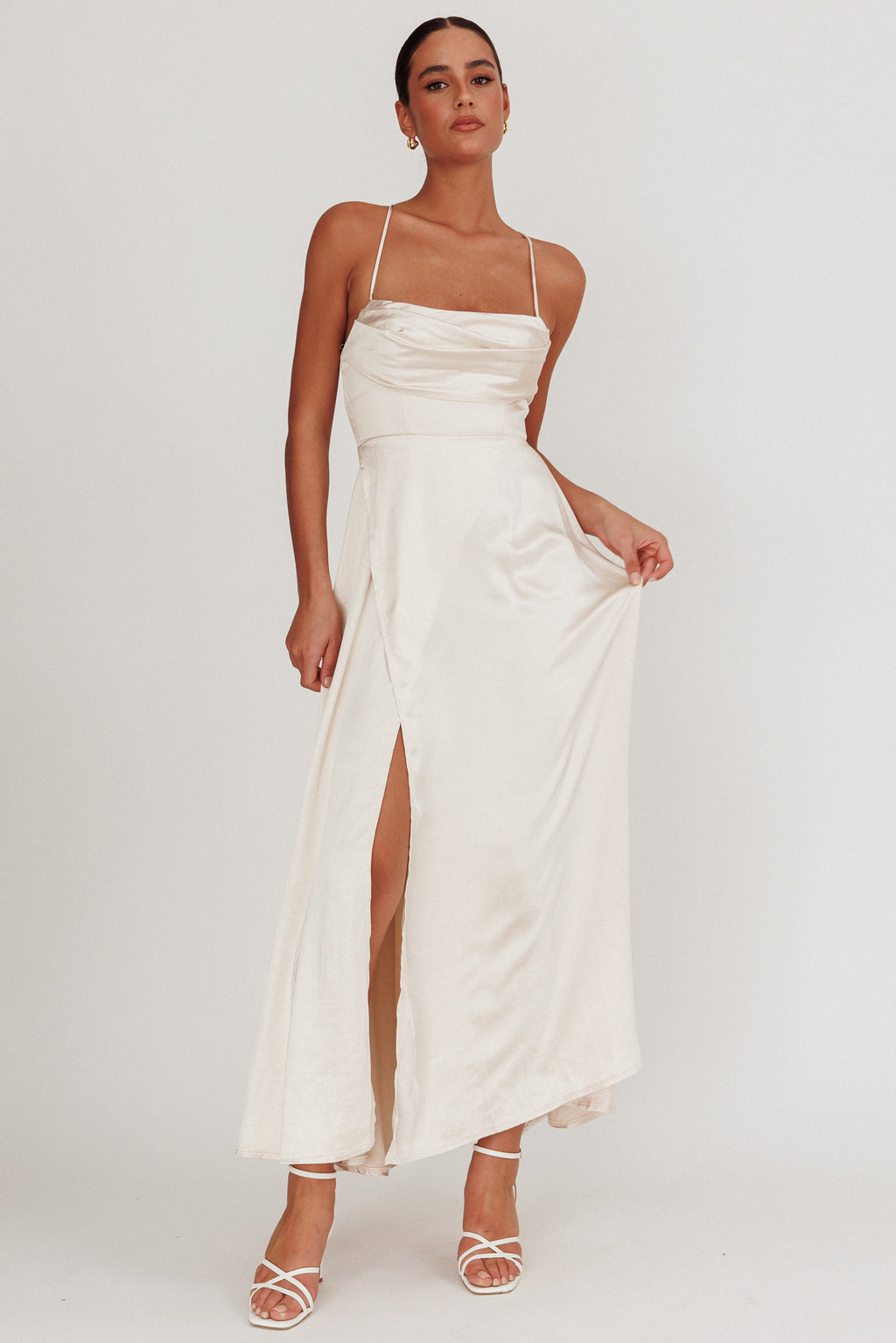 Inner Light Gathered Bust Split Maxi Dress Champagne by Selfie Leslie