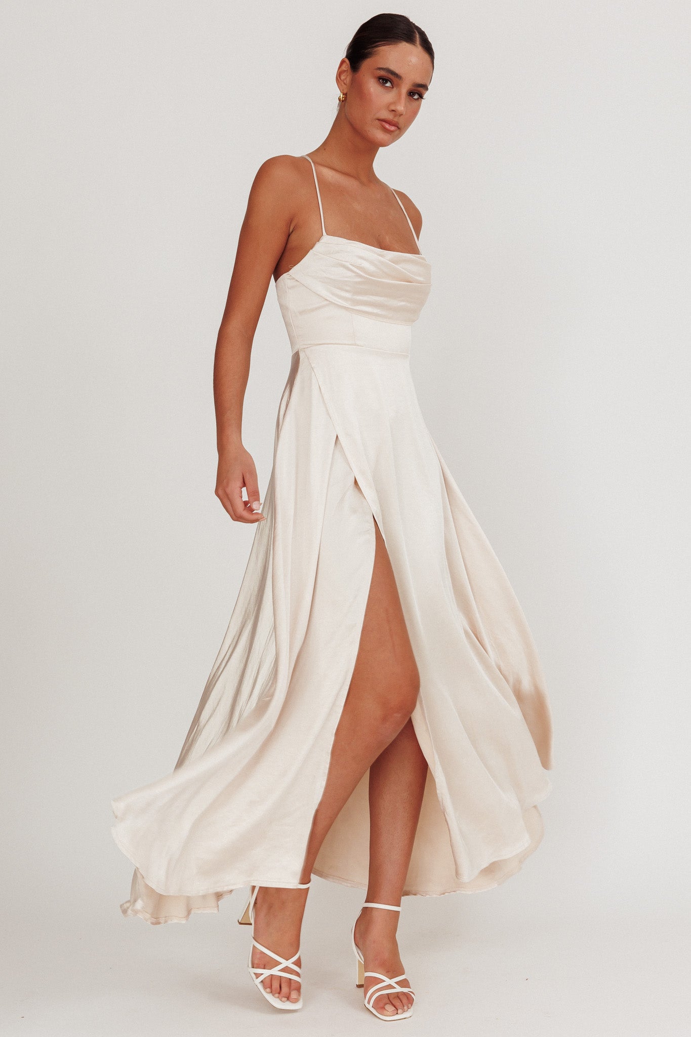Inner Light Gathered Bust Split Maxi Dress Champagne by Selfie Leslie