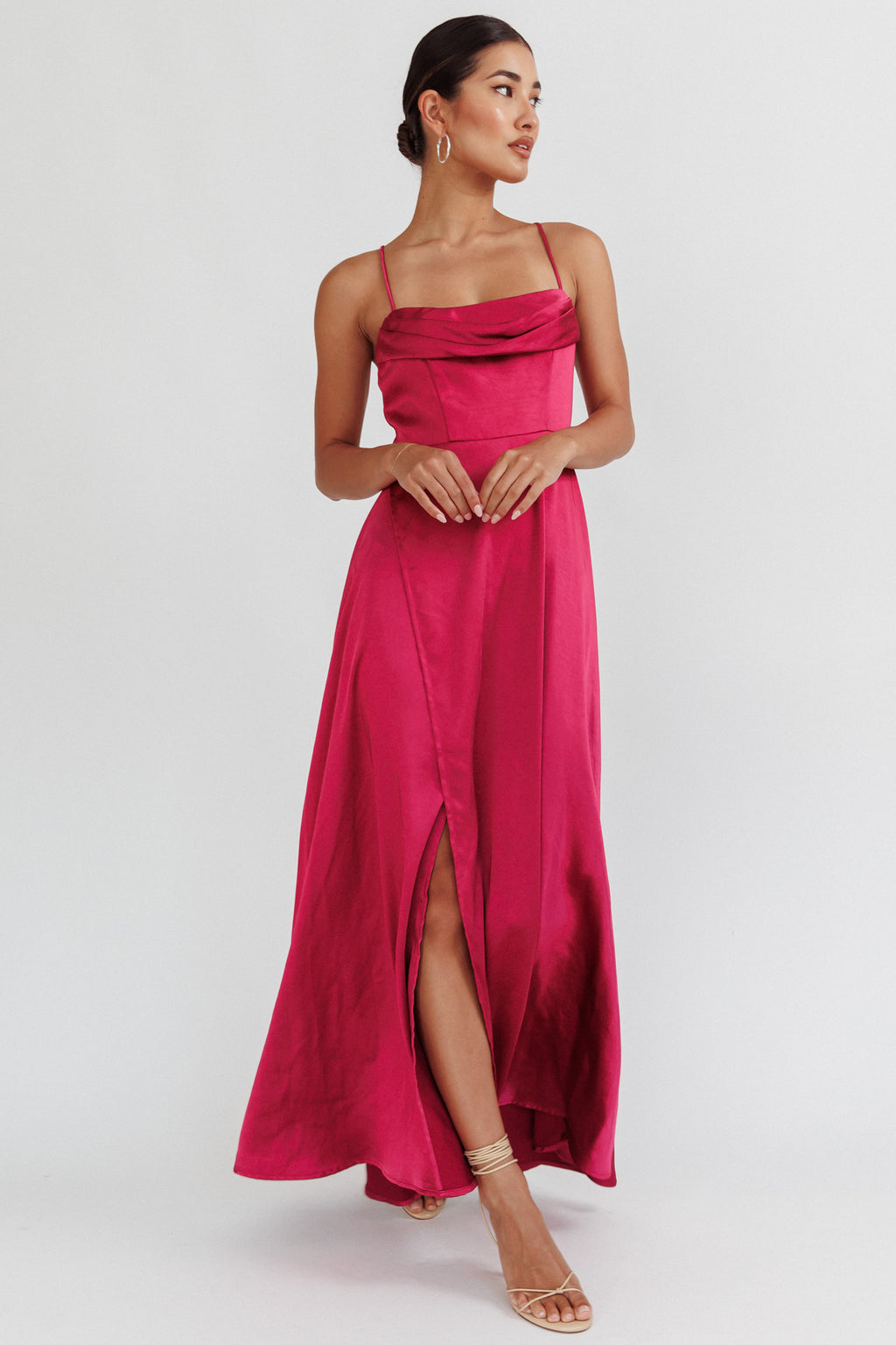Inner Light Gathered Bust Split Maxi Dress Wine by Selfie Leslie