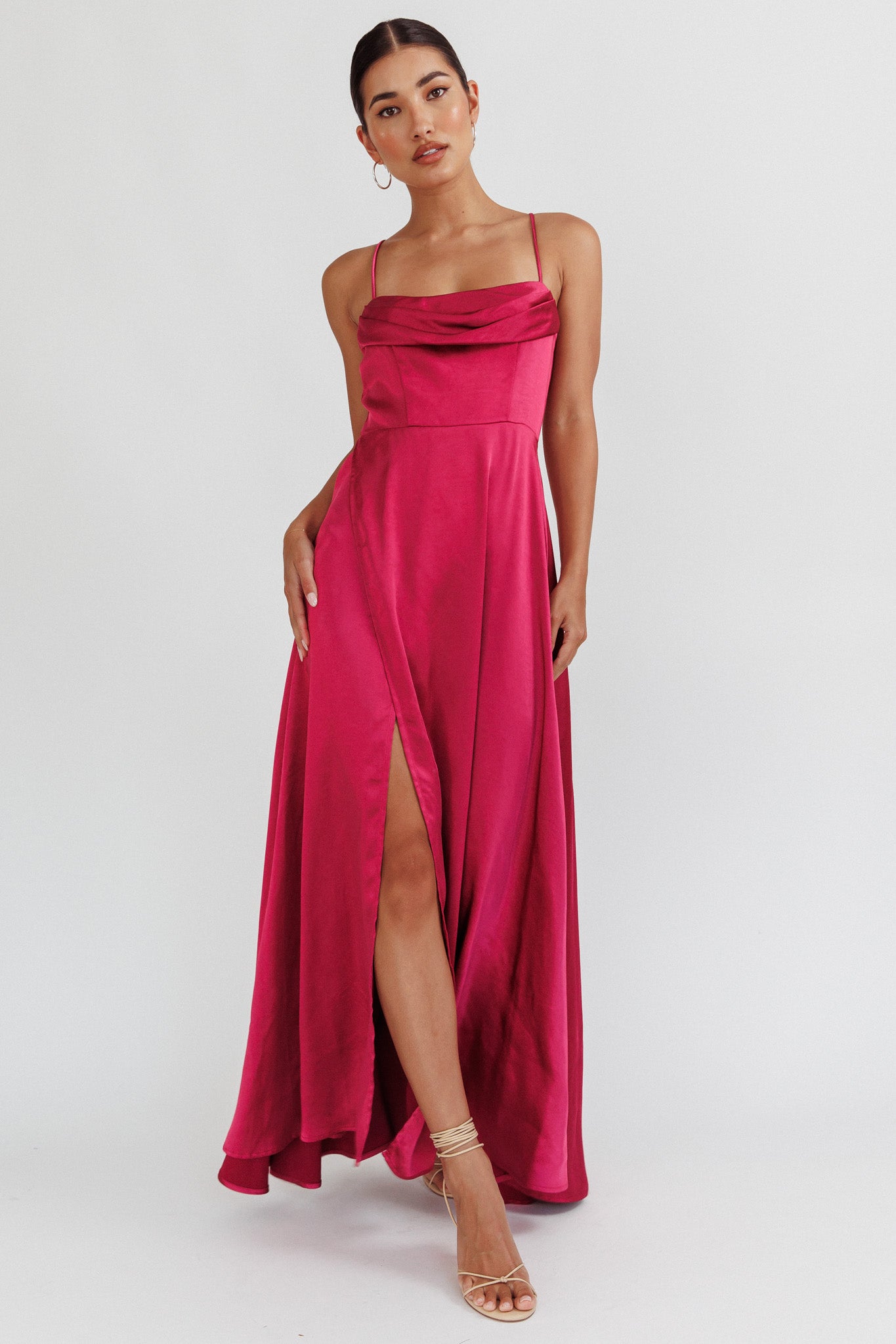 Inner Light Gathered Bust Split Maxi Dress Wine by Selfie Leslie
