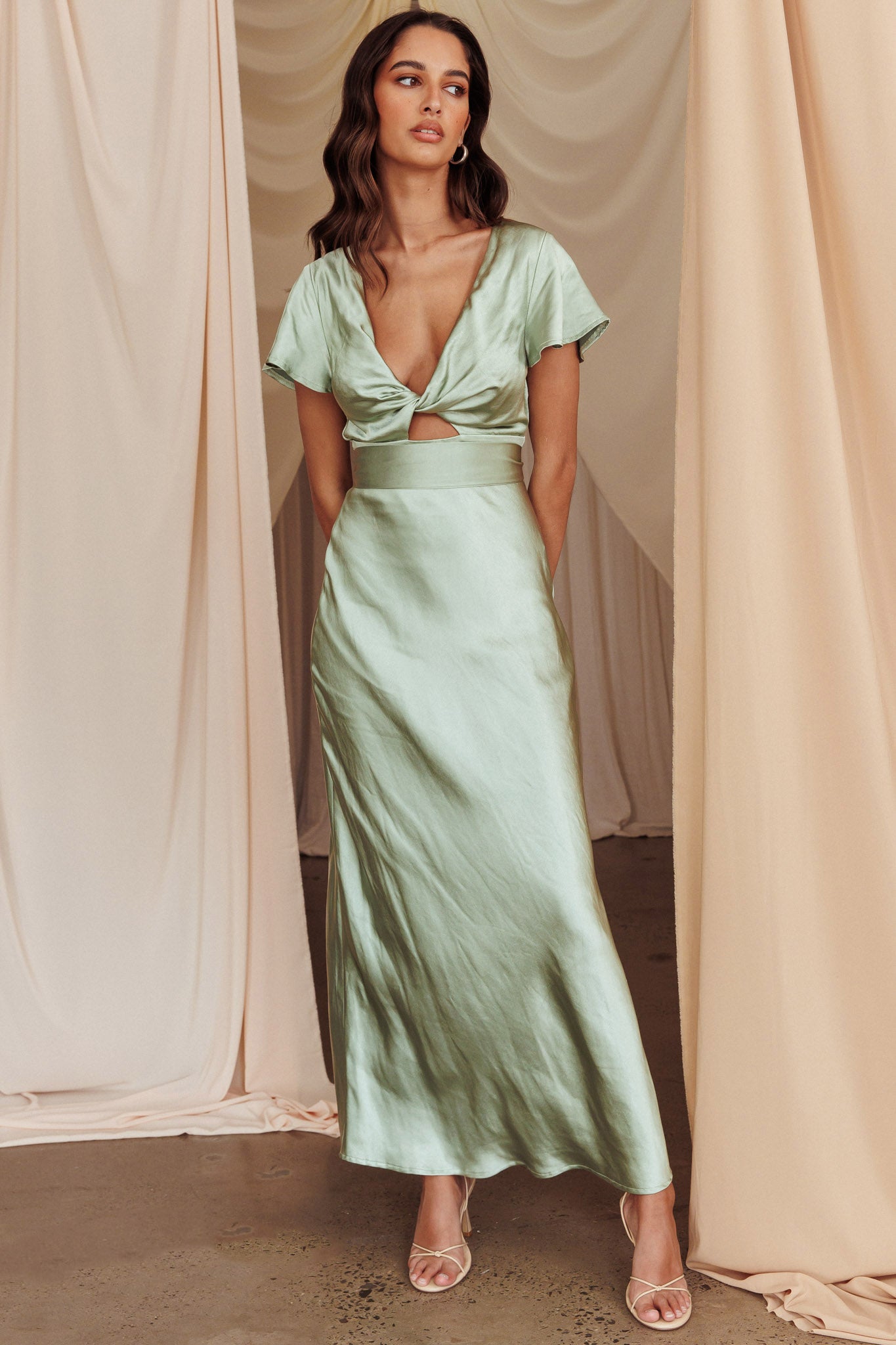 Playa Del Carmen Twist Bust Ruched Mini Dress Sage