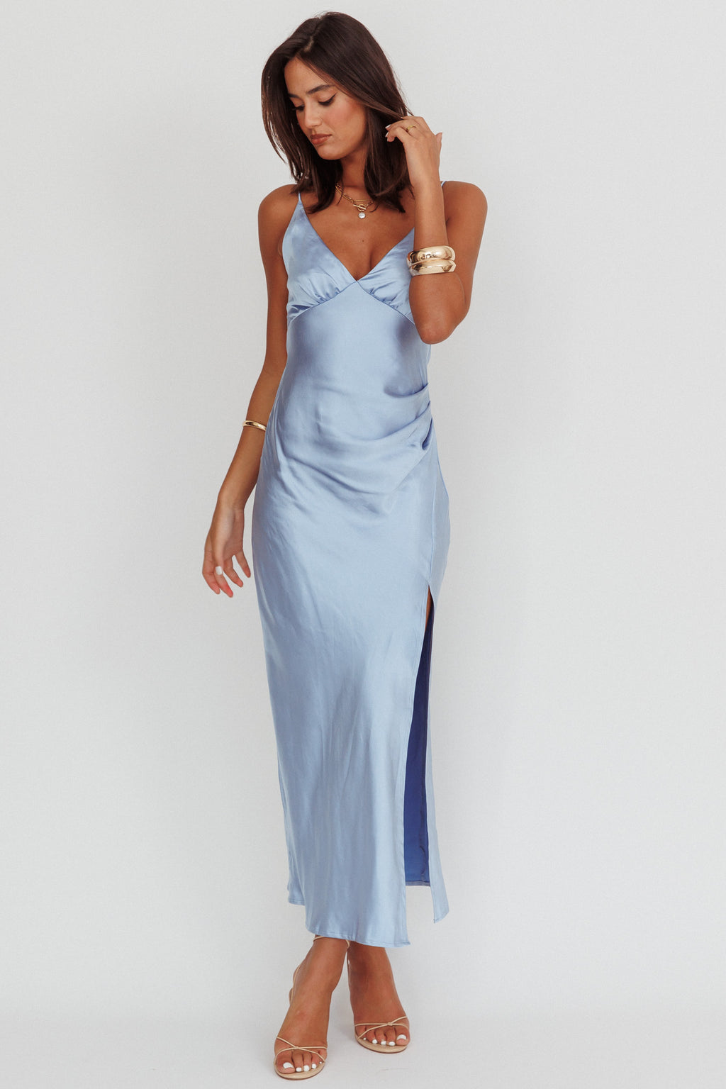 Marlie Side Pleat Maxi Dress Blue Selfie Leslie Marlie Side Pleat Maxi Dress Blue Selfie Leslie