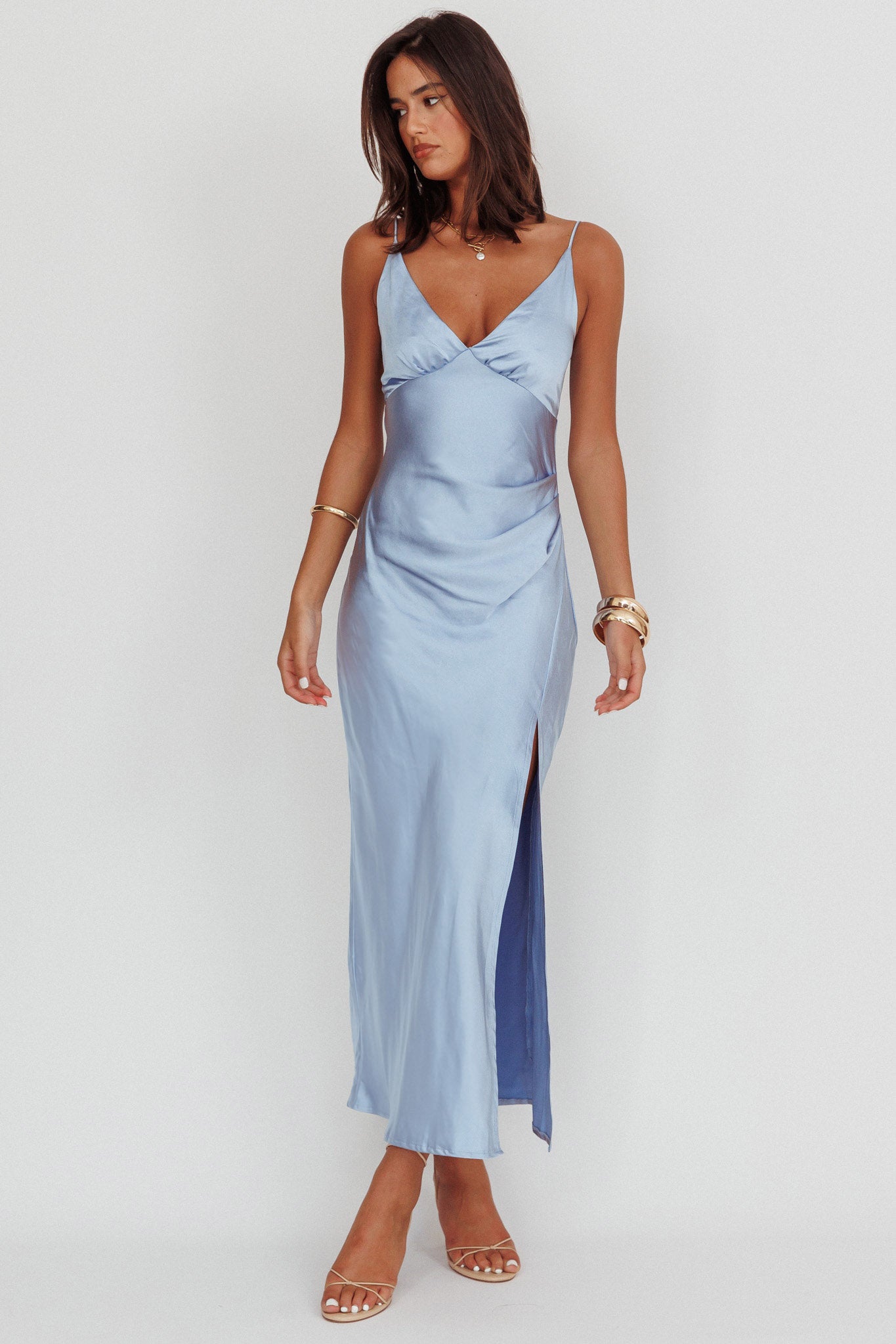 Marlie Side Pleat Maxi Dress Blue– Selfie Leslie