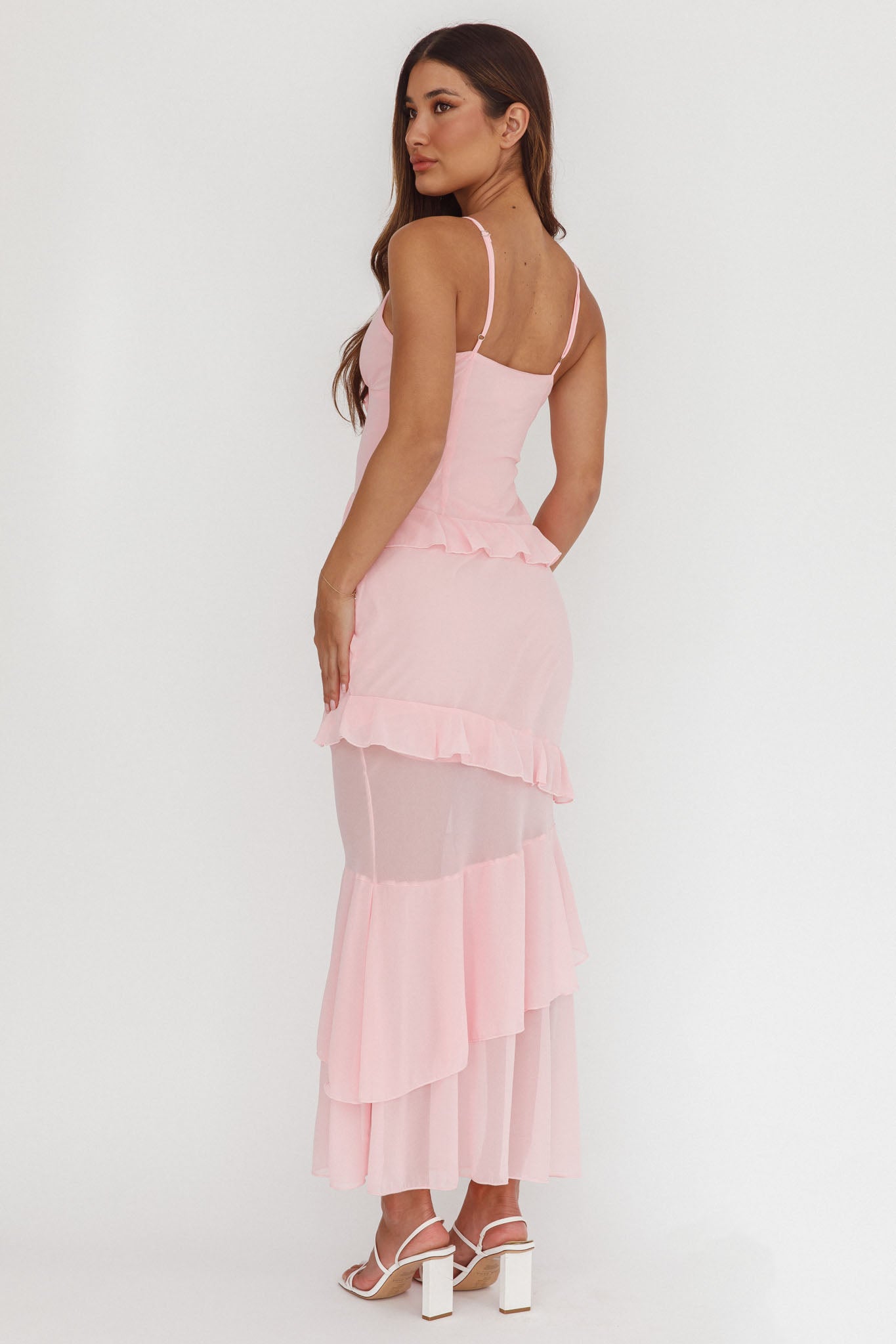 Marlie Frill Trim Rosette Maxi Dress Blush | Selfie Leslie