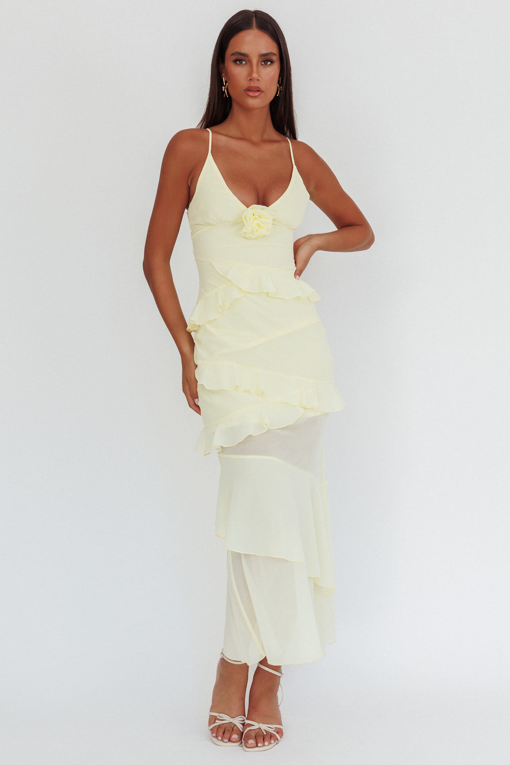 Marlie Frill Trim Rosette Maxi Dress Butter by Selfie Leslie
