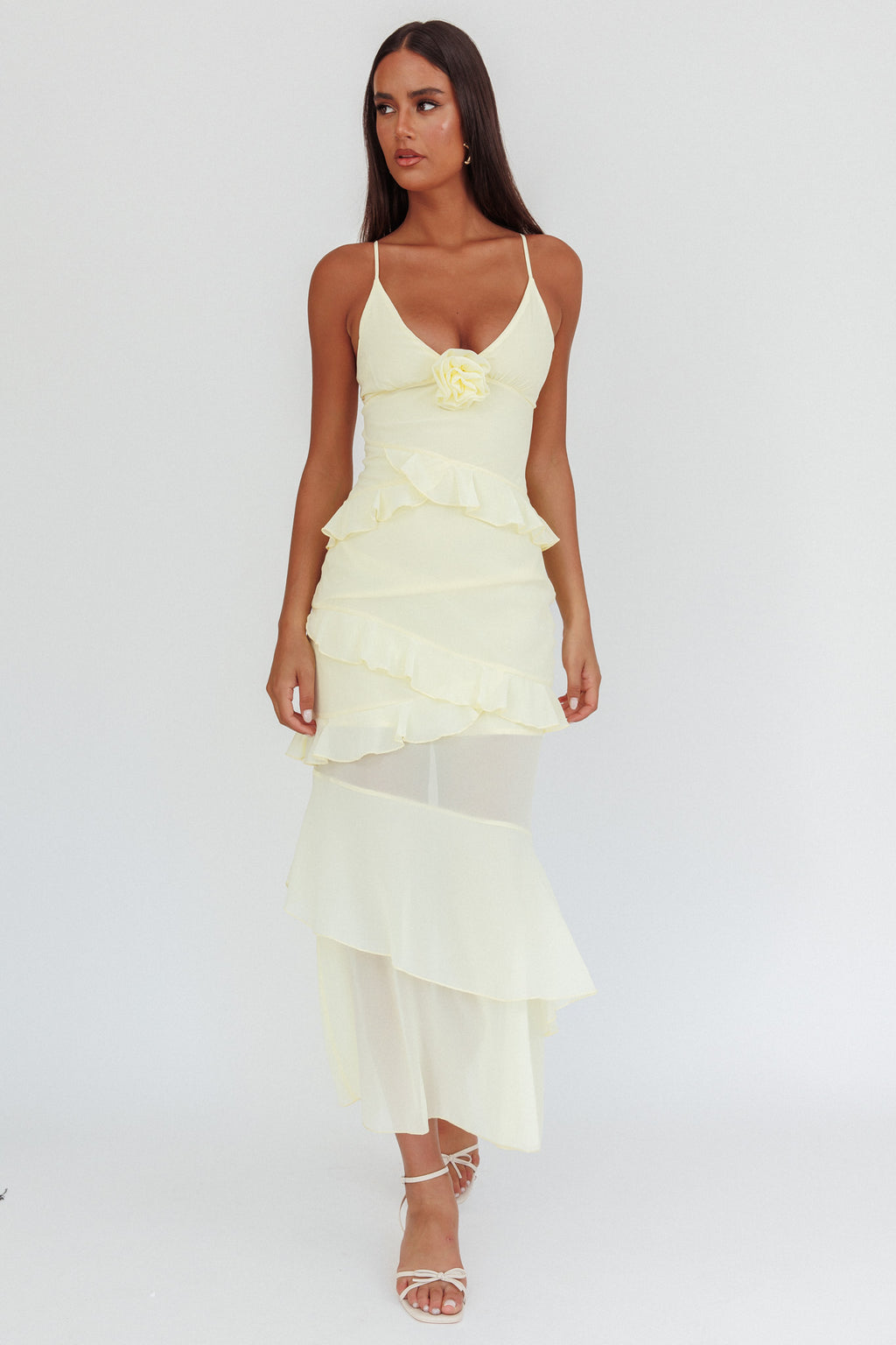 Marlie Frill Trim Rosette Maxi Dress Butter by Selfie Leslie