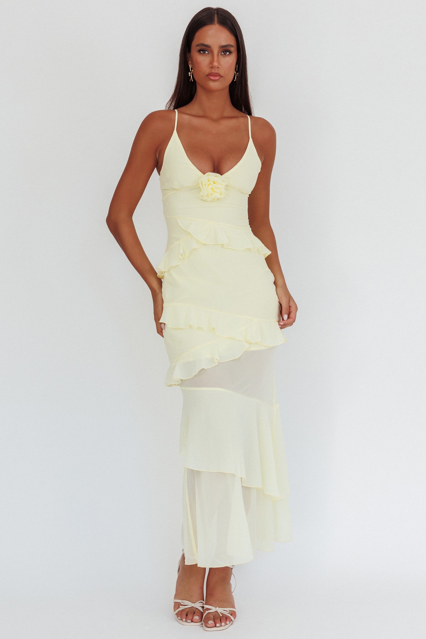 Marlie Frill Trim Rosette Maxi Dress Butter by Selfie Leslie