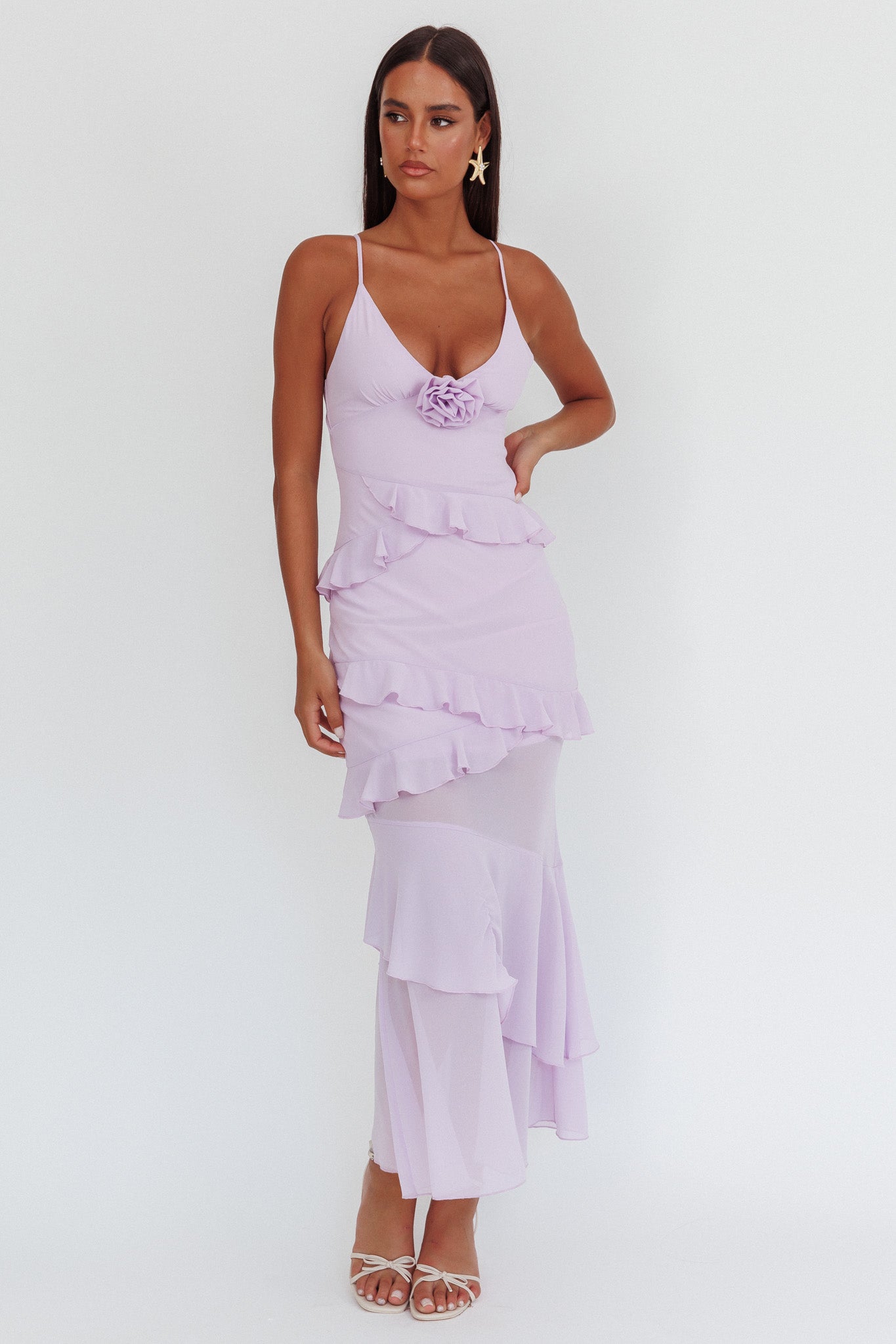 Marlie Frill Trim Rosette Maxi Dress Lilac by Selfie Leslie