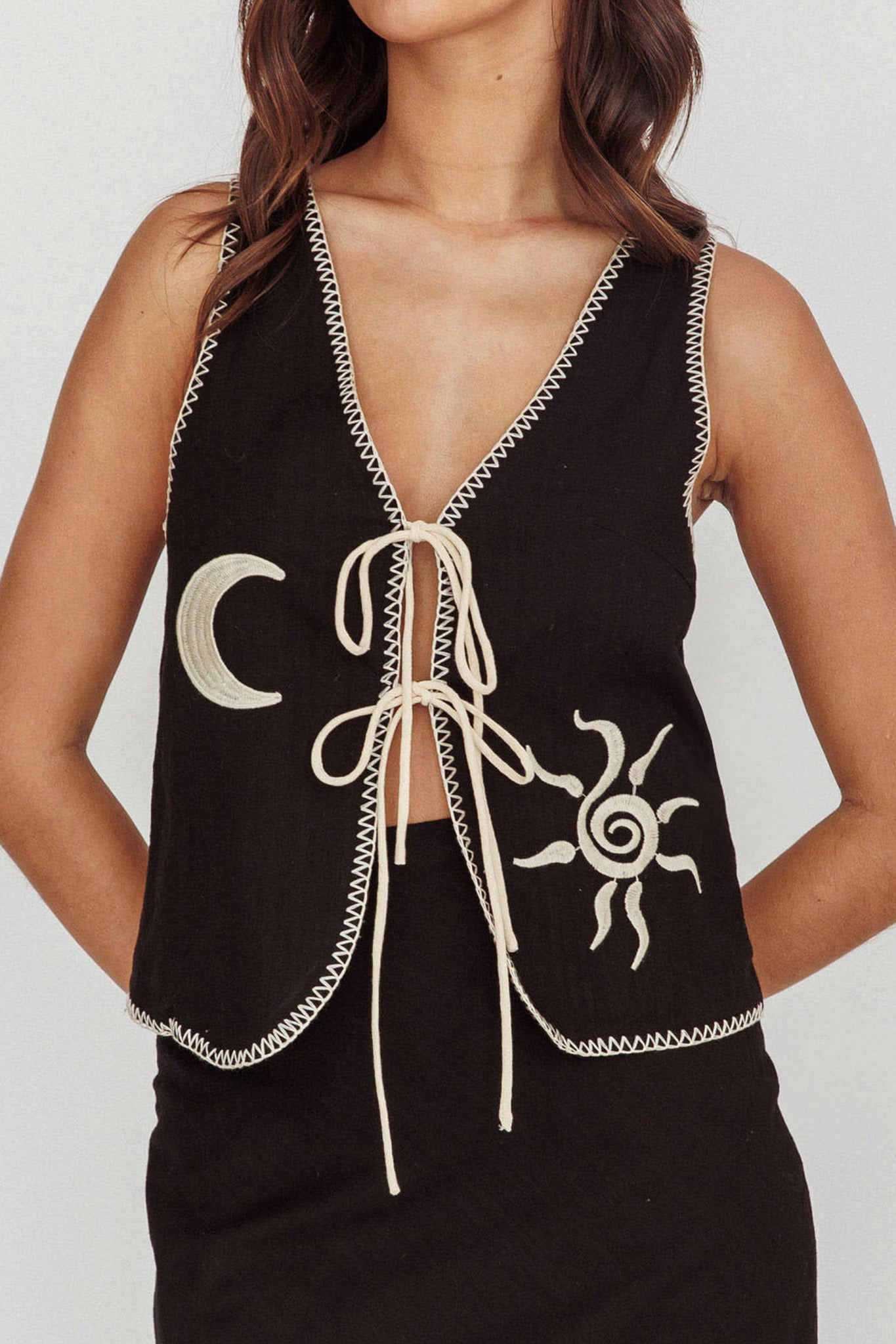 Dose Of Sunshine Blanket Stitch Vest Top Black by Selfie Leslie