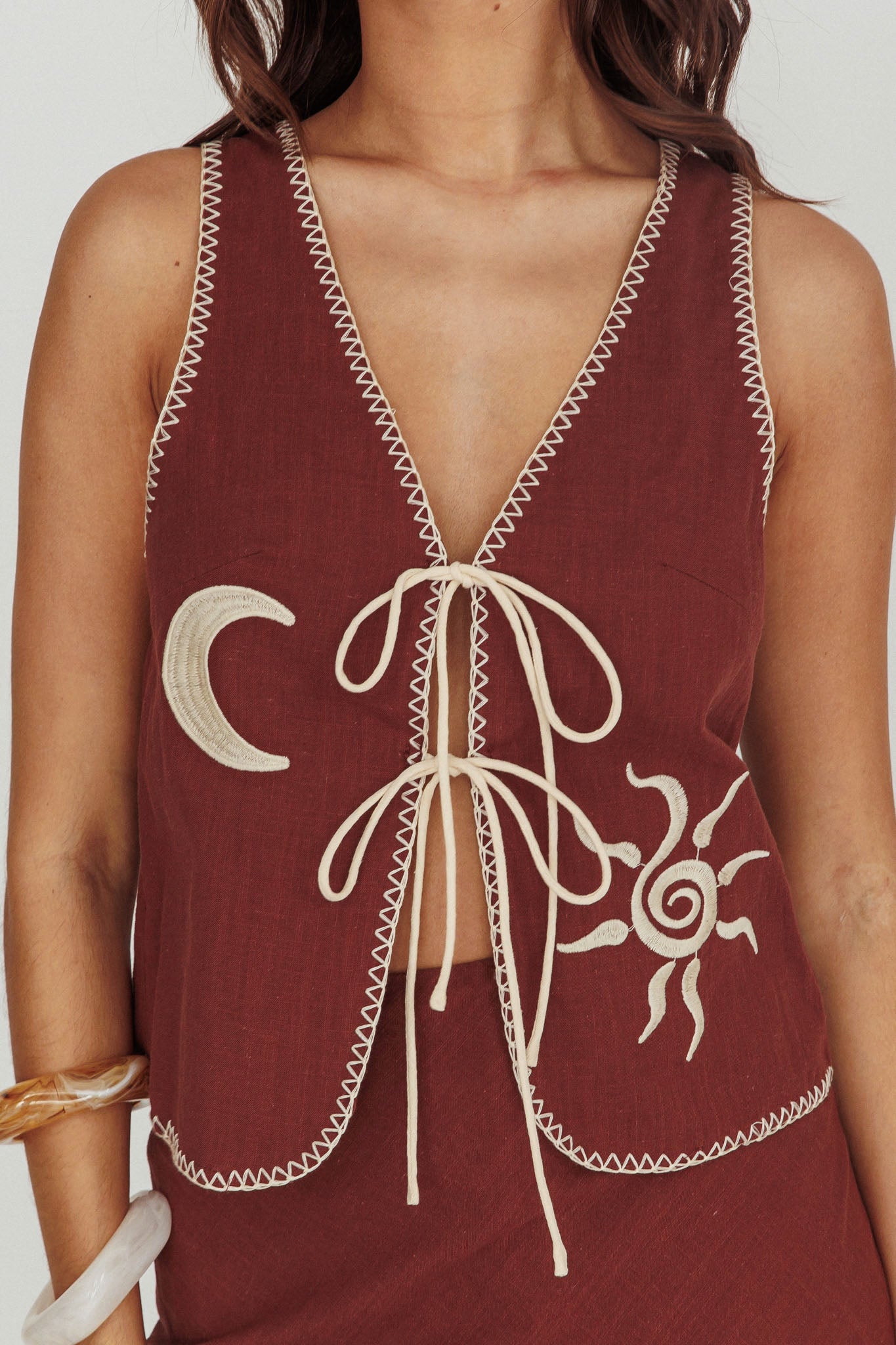 Dose Of Sunshine Blanket Stitch Vest Top Chocolate by Selfie Leslie
