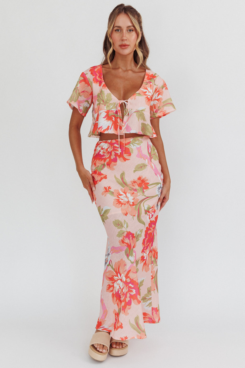 La Vie Floral Maxi Skirt Peach by Selfie Leslie
